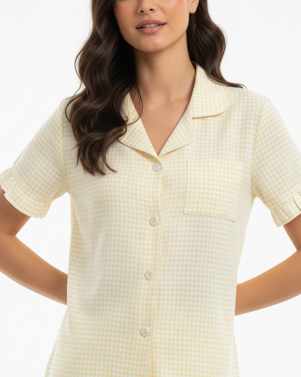 Women’s Yellow Pajama Set – Short Sleeve Button-Up Top & Long Pants Sleepwear with Checkered Print
