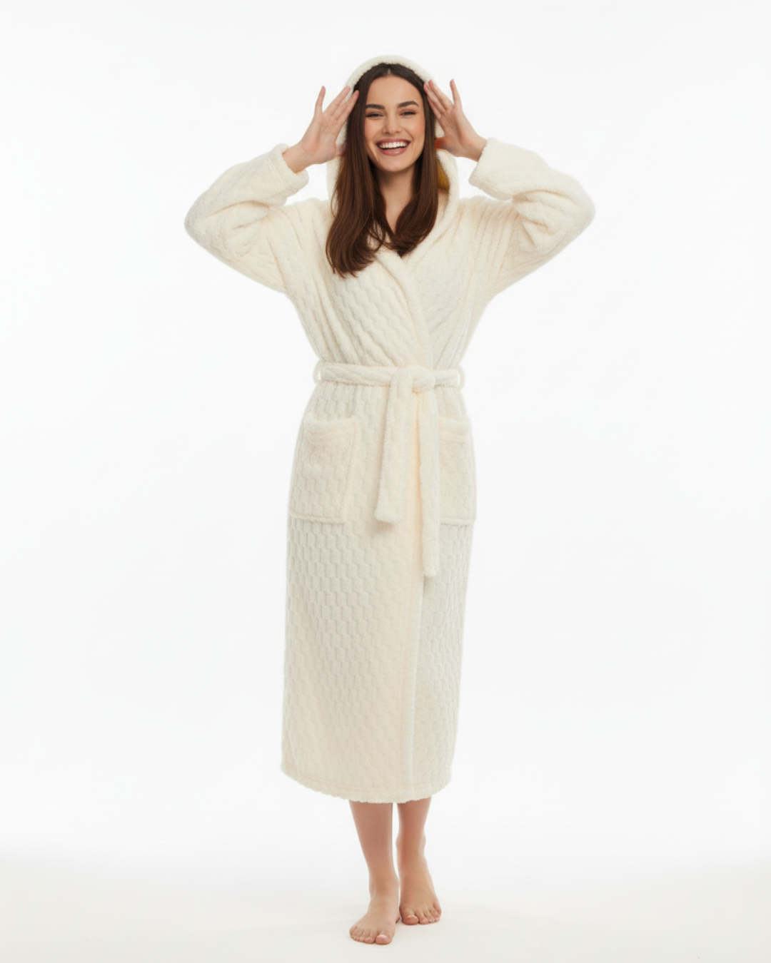 Women’s Hooded Bathrobe – Soft Plush Long Robe with Belt & Pockets, Warm Fleece Loungewear