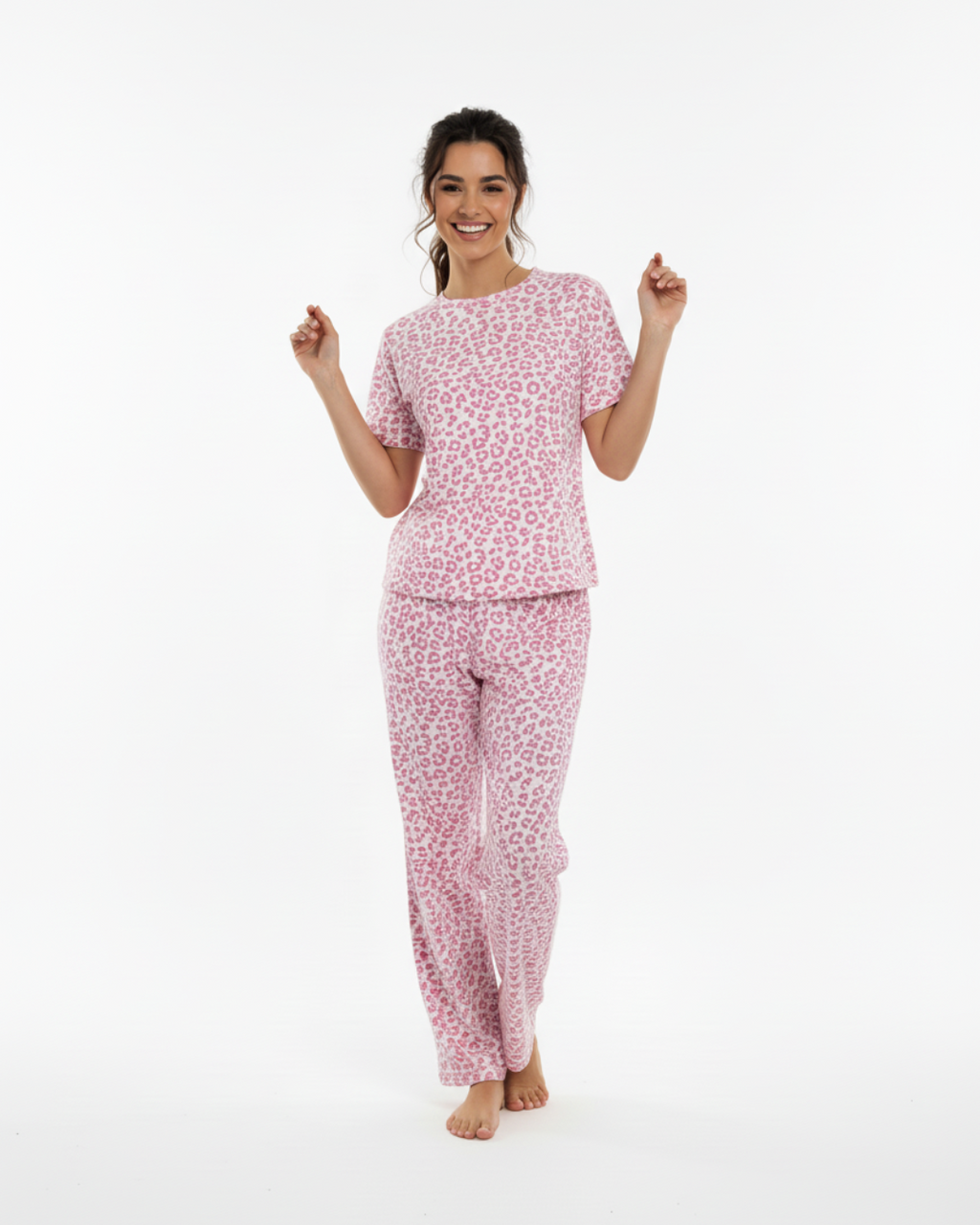 Women’s Leopard Print Pajama Set – Short Sleeve Top & Long Pants Sleepwear in Gray or Pink