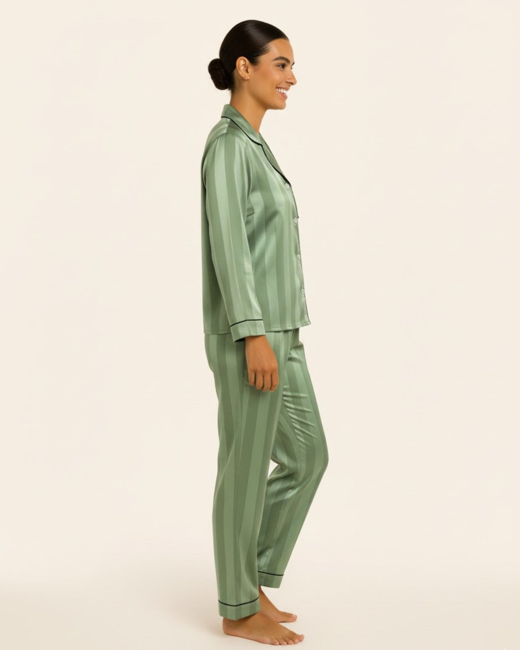 Women's Buttoned Long Pajama Set - Striped Long sleeve button-down top and matching pants