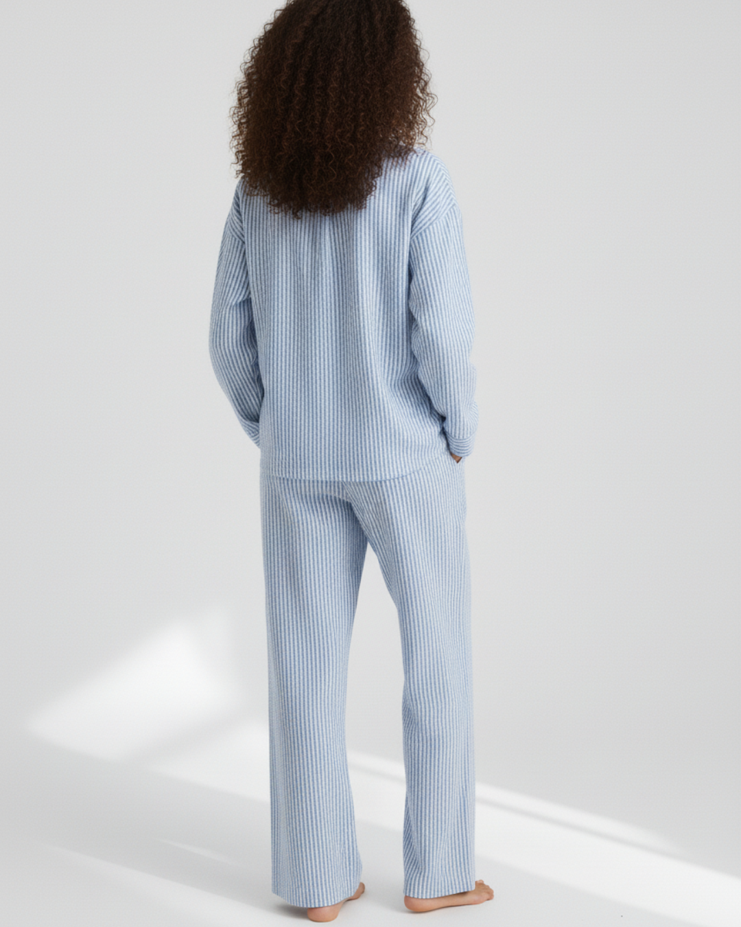 Blue Striped Long Pajama Set – Classic Button-Up with Wide-Leg Pants