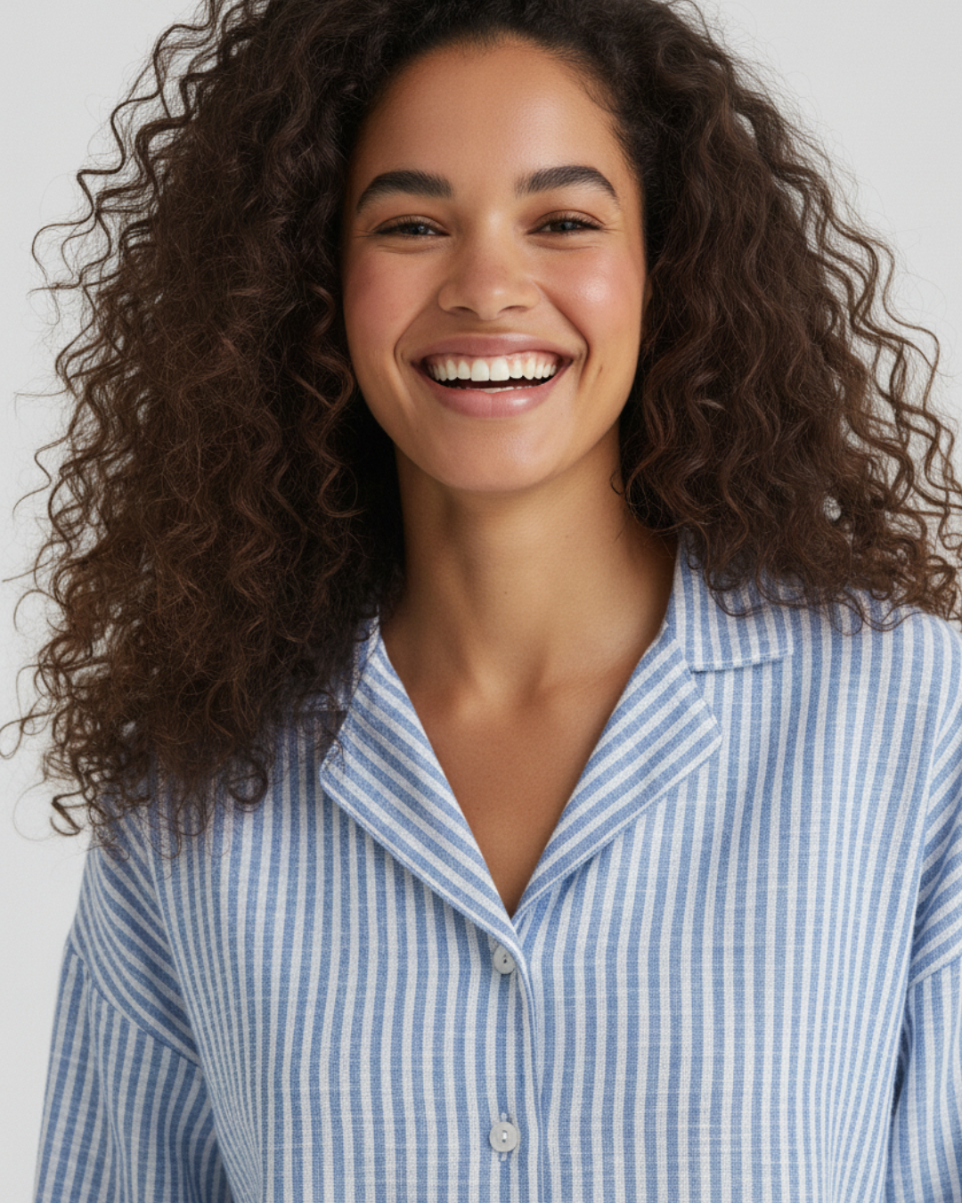 Blue Striped Long Pajama Set – Classic Button-Up with Wide-Leg Pants