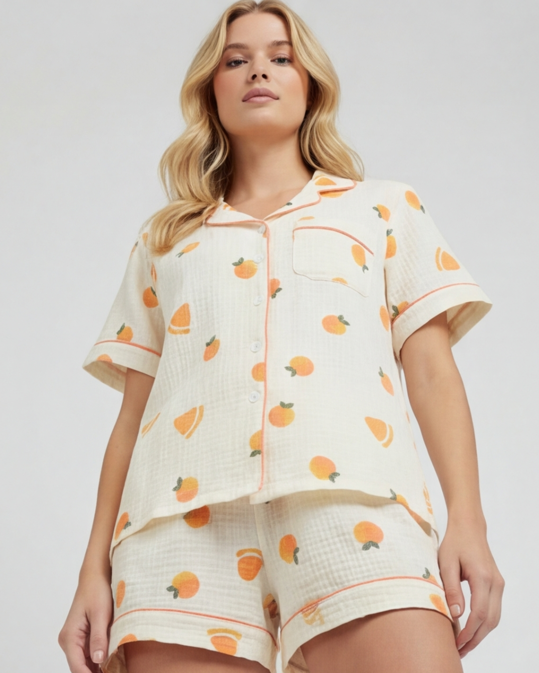 Women’s Comfortable Cotton Pajama Set – Fruit Print Shorts and Top