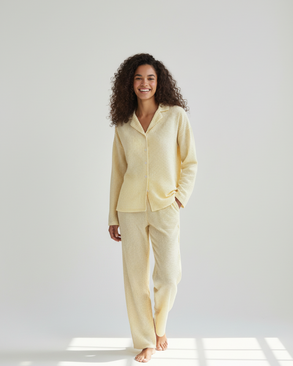 Yellow Striped Long Pajama Set – Button-Up Shirt & Relaxed Pants