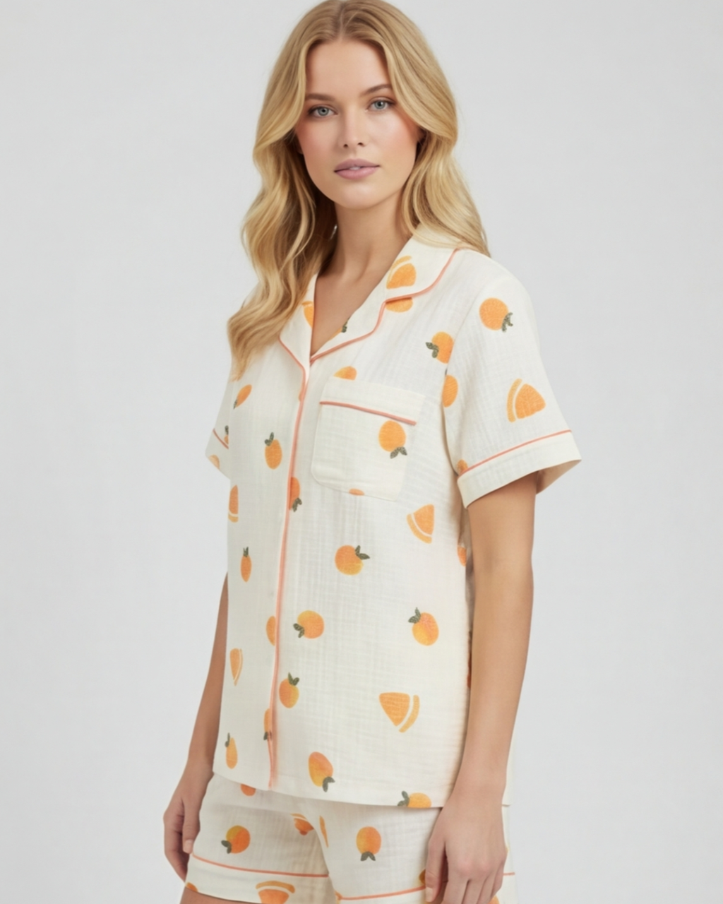 Women’s Comfortable Cotton Pajama Set – Fruit Print Shorts and Top