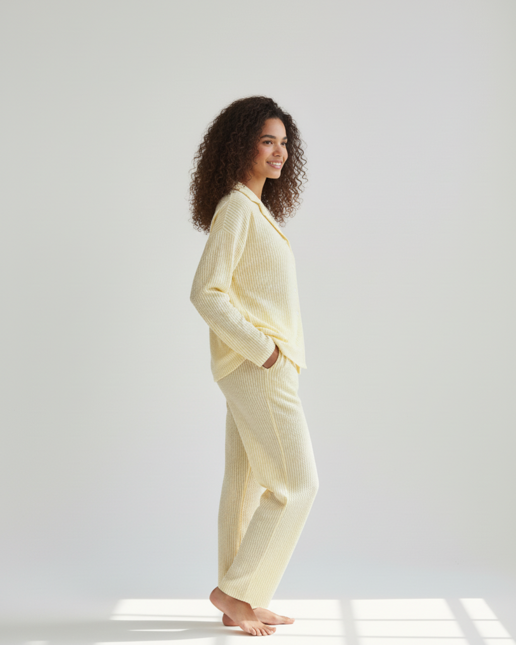 Yellow Striped Long Pajama Set – Button-Up Shirt & Relaxed Pants