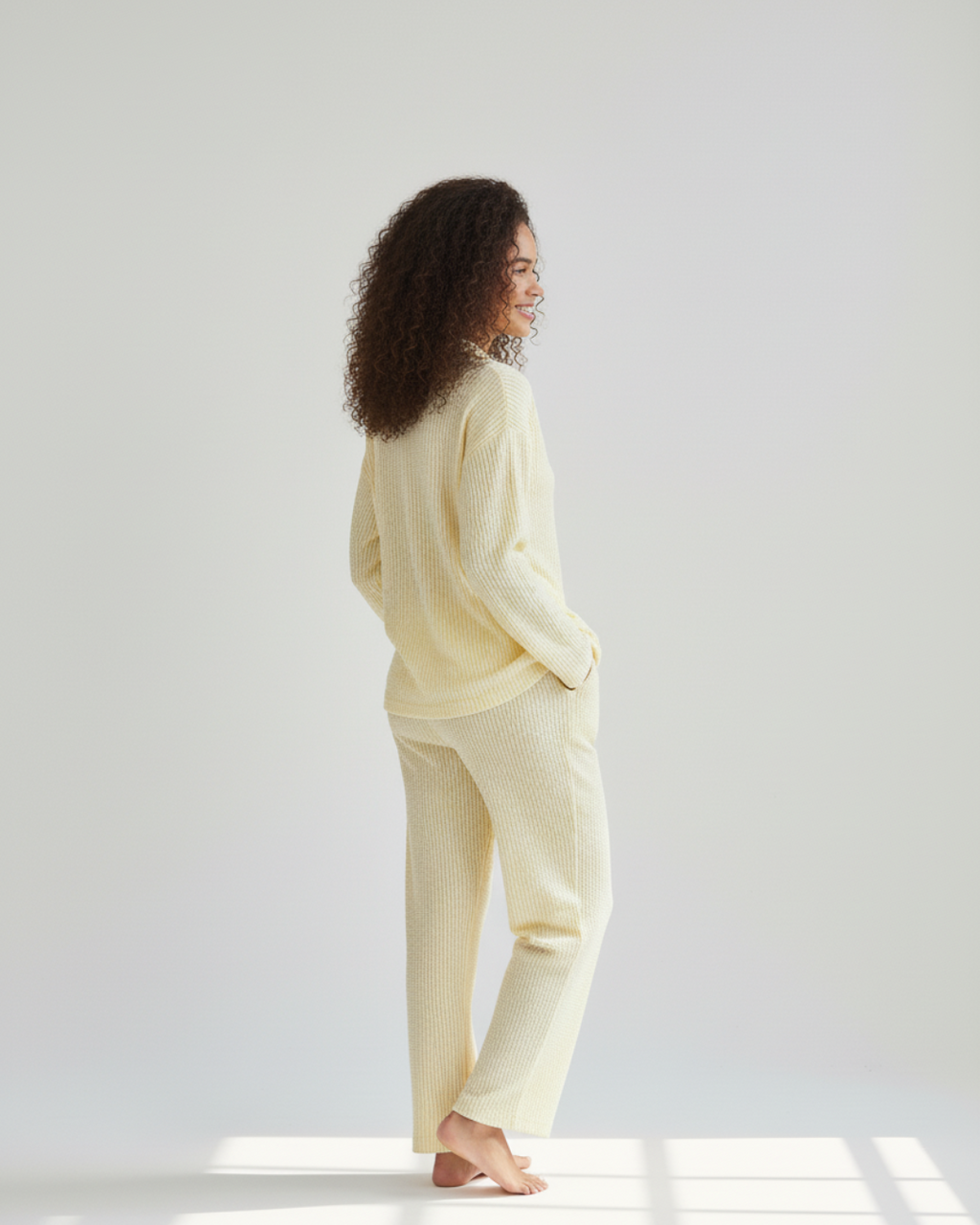 Yellow Striped Long Pajama Set – Button-Up Shirt & Relaxed Pants