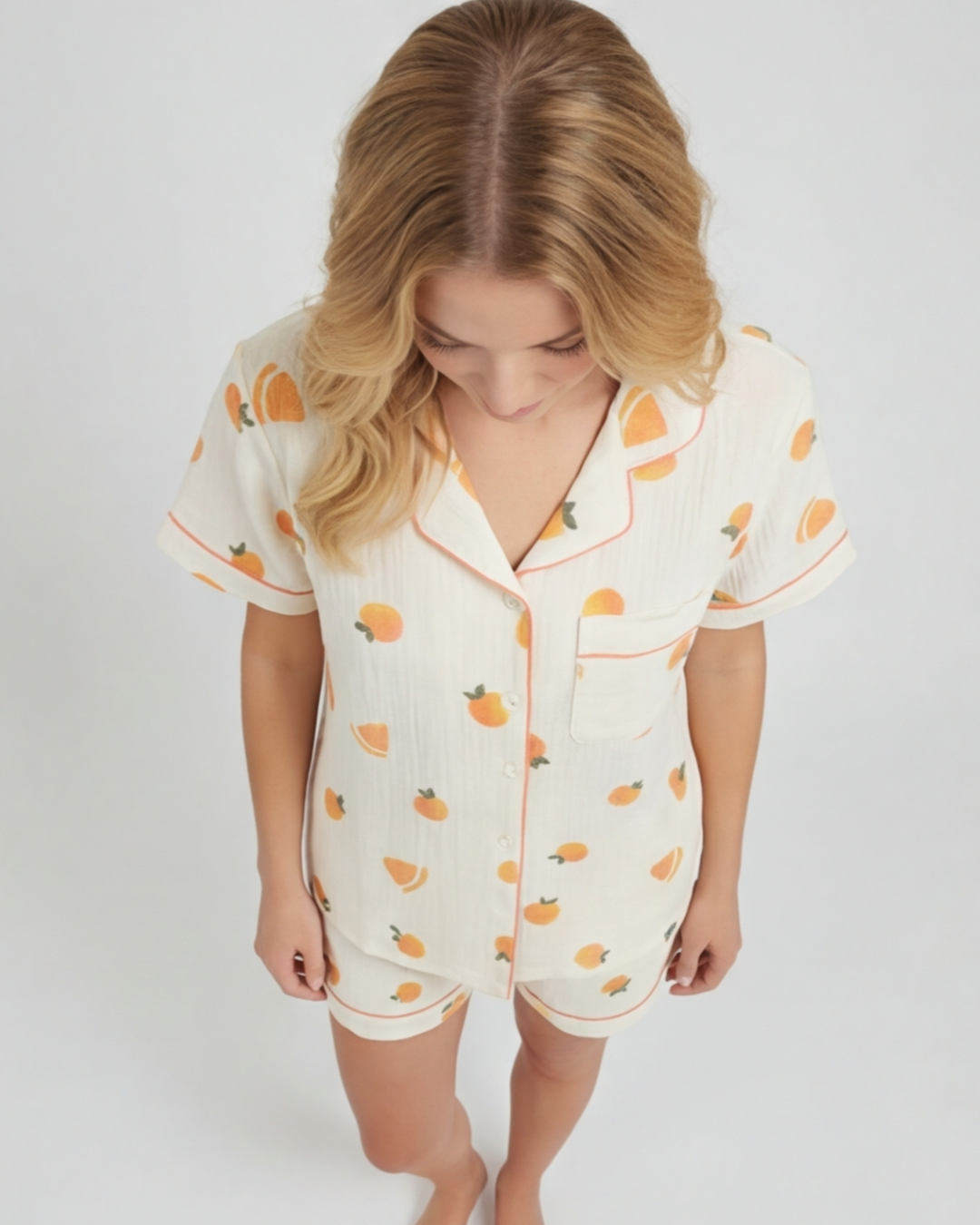 Women’s Comfortable Cotton Pajama Set – Fruit Print Shorts and Top