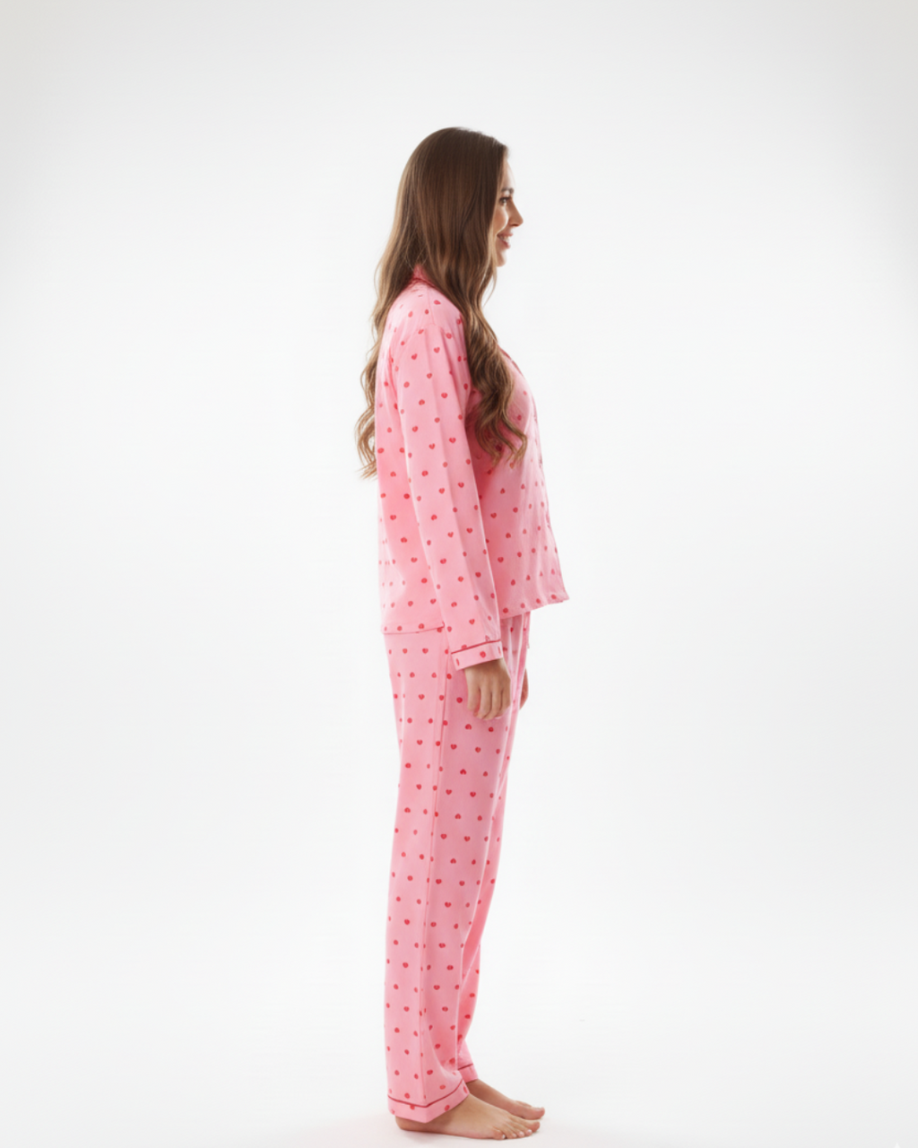 Women’s Pink Heart Print Pajama Set – Long Sleeve Button Down Top and Pants