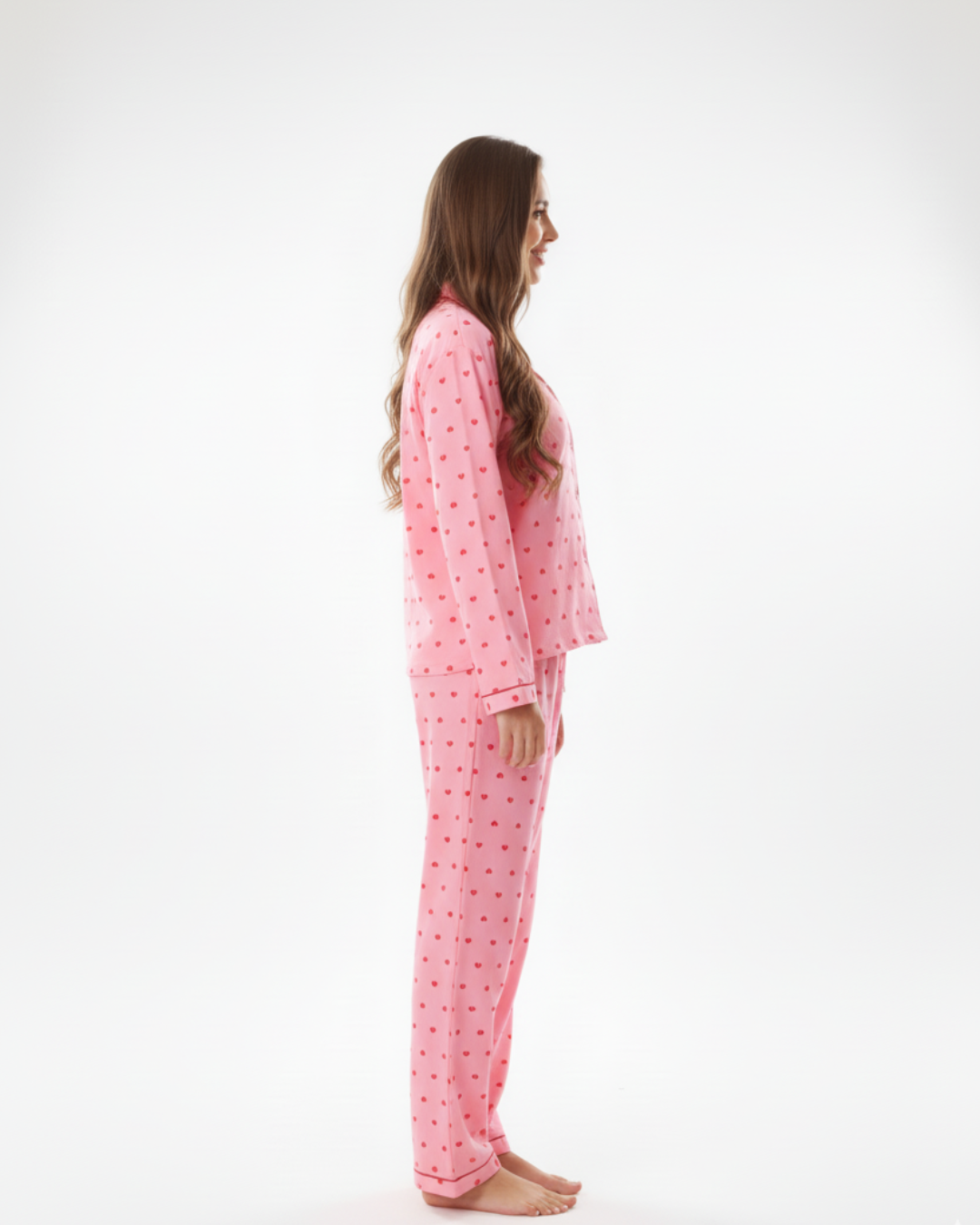 Women’s Pink Heart Print Pajama Set – Long Sleeve Button Down Top and Pants