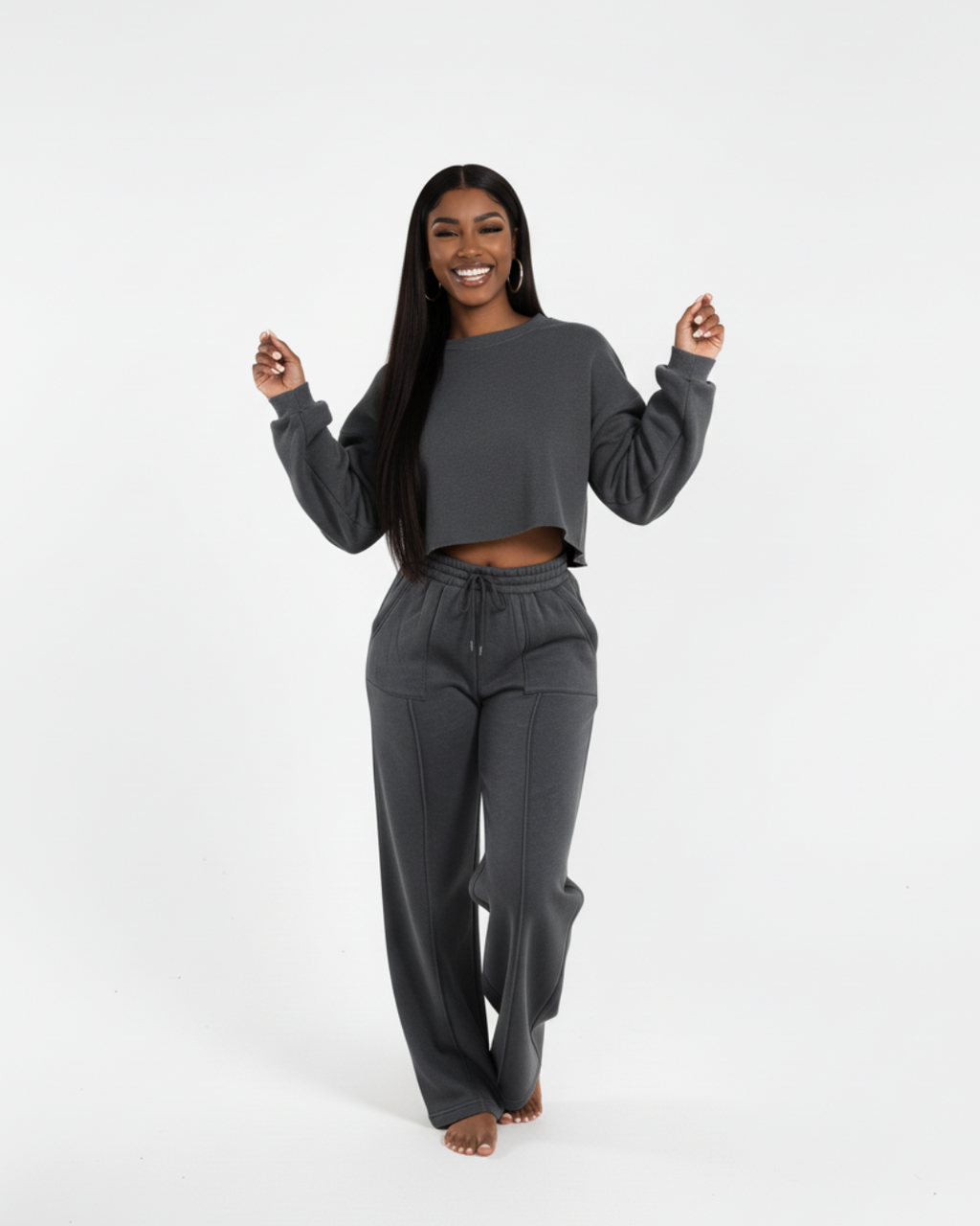 Women’s Dark Charcoal Tracksuit – Soft Two Piece Lounge Set with Cropped Sweatshirt