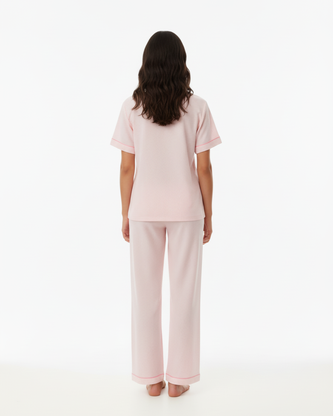 Women’s Pink Striped Pajama Set – Short Sleeve Button-Up Top and Long Pants