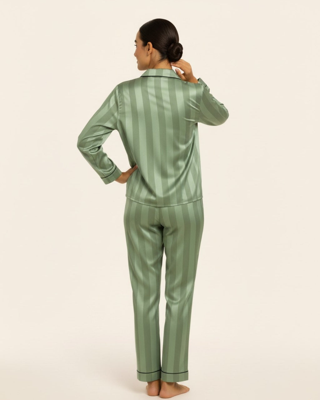 Women's Buttoned Long Pajama Set - Striped Long sleeve button-down top and matching pants
