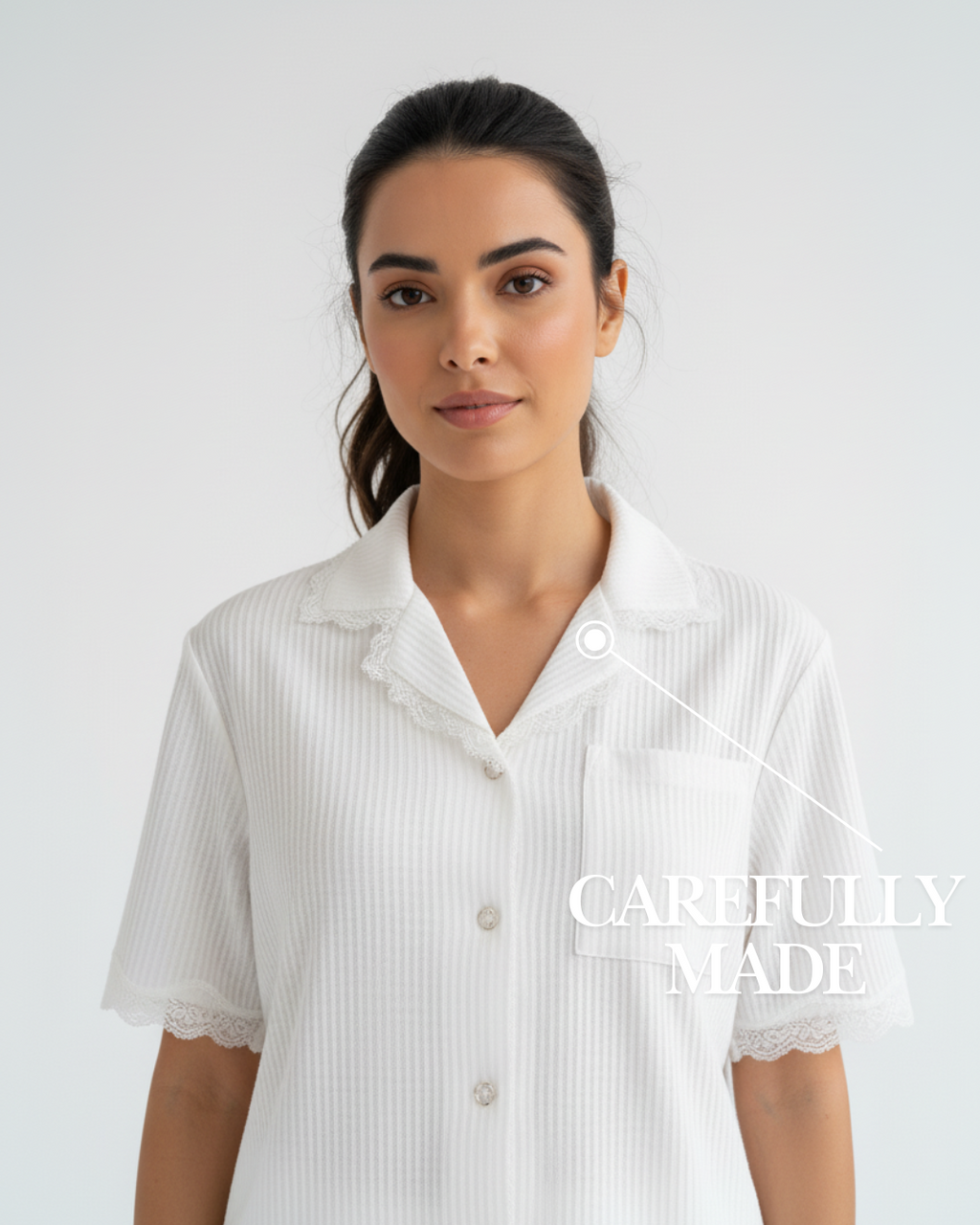 White Short Pajama Set – Button-Up Shirt & Lace Trim Shorts