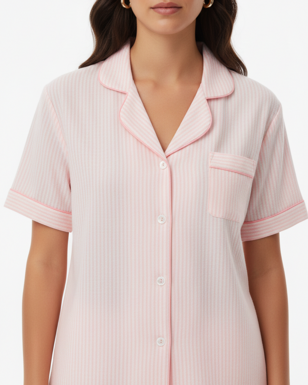Women’s Pink Striped Pajama Set – Short Sleeve Button-Up Top and Long Pants