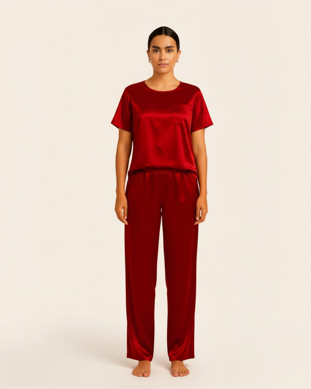 Women’s Satin Pajama Set – Short Sleeve Top and Long Pants Silky PJ Set