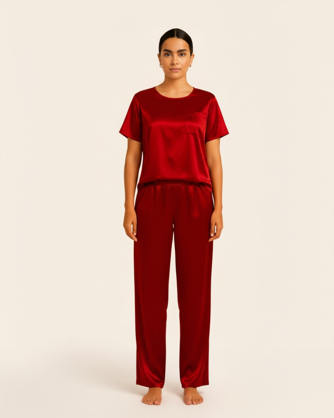 Women’s Satin Pajama Set – Short Sleeve Top and Long Pants Silky PJ Set