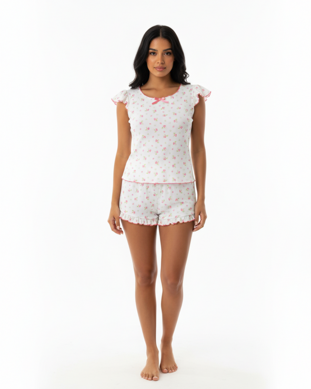 Women’s Floral Short Pajama Set – Cute Summer Sleepwear with Ruffle Trim & Bow Detail