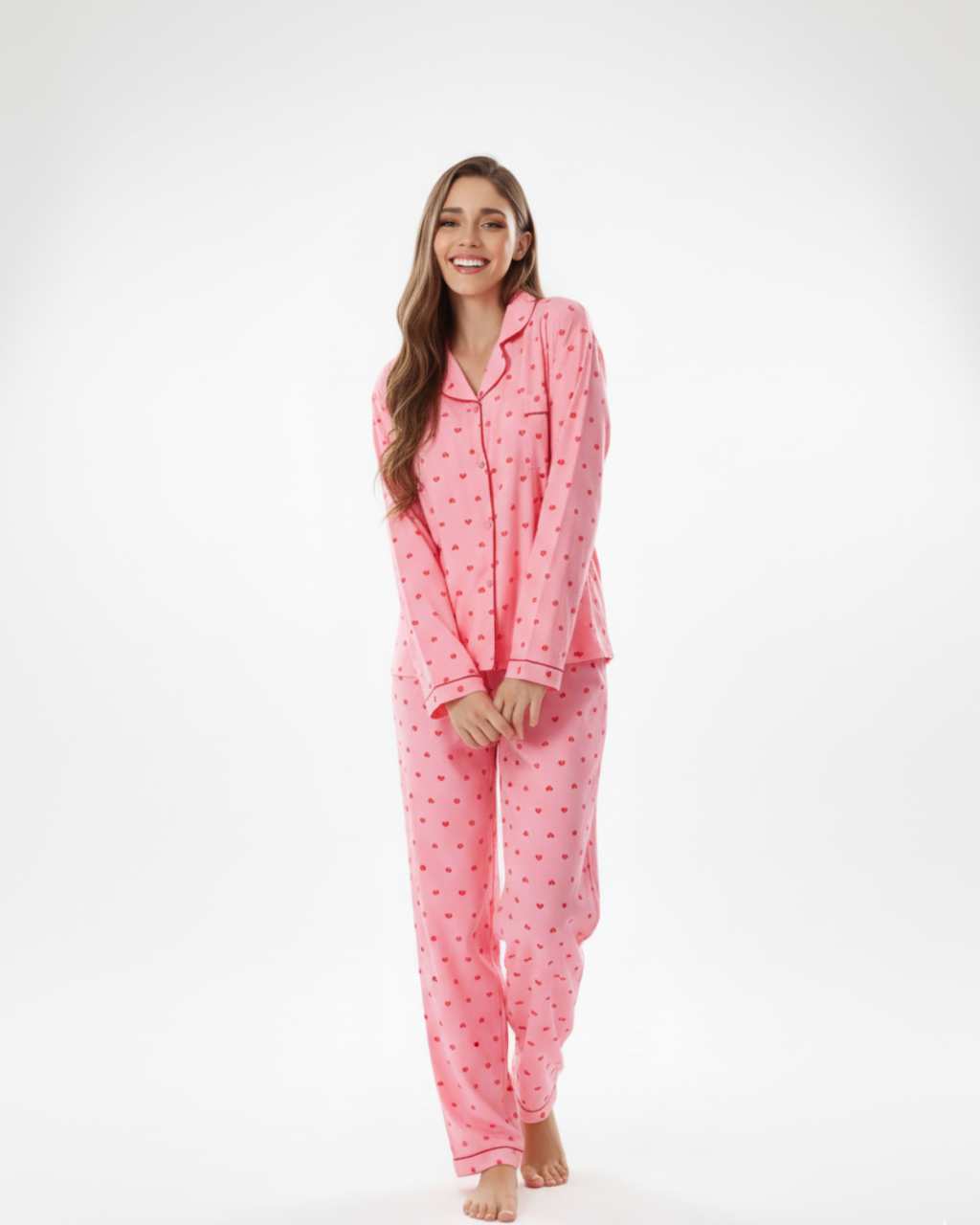 Women’s Pink Heart Print Pajama Set – Long Sleeve Button Down Top and Pants