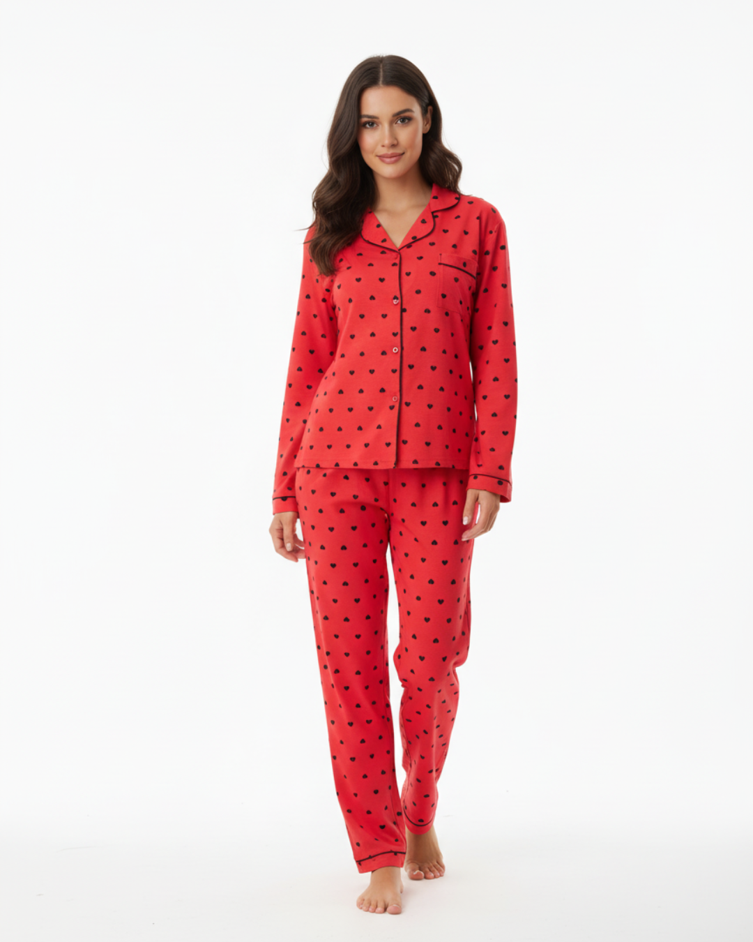 Women’s Red Heart Print Pajama Set – Long Sleeve Button Down Top and Pants
