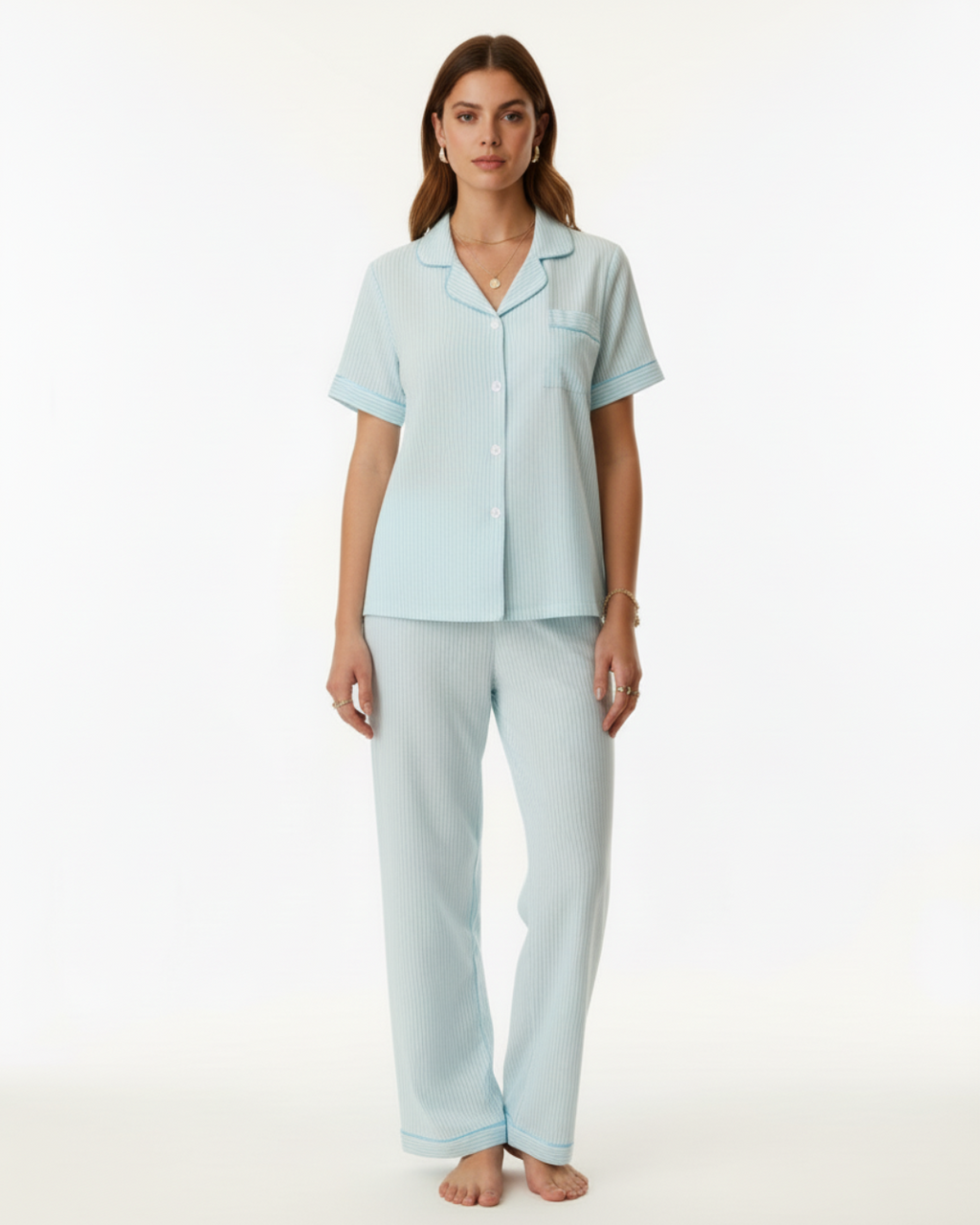 Women’s Light Blue Striped Pajama Set – Short Sleeve Button-Up Top and Long Pants