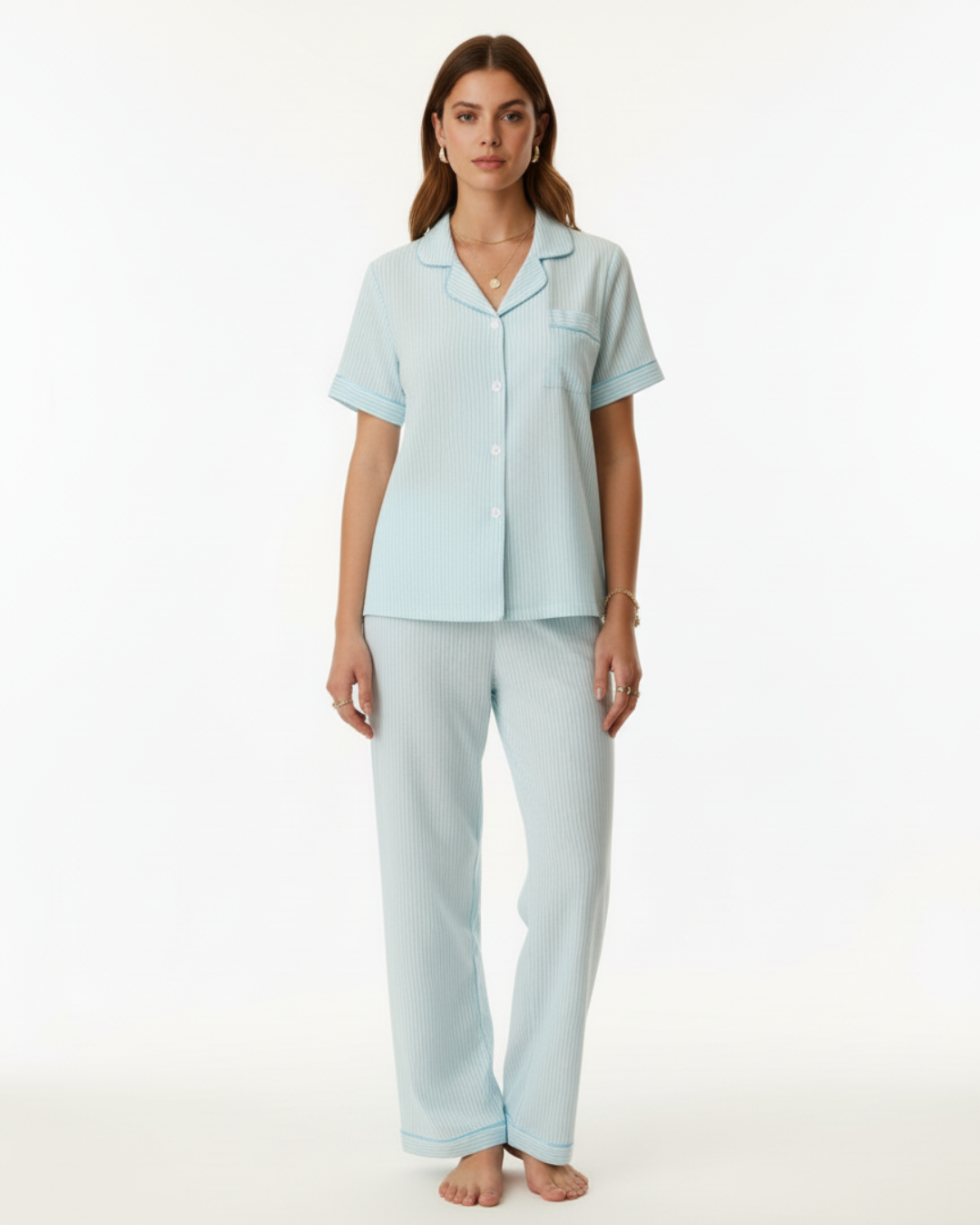 Women’s Light Blue Striped Pajama Set – Short Sleeve Button-Up Top and Long Pants