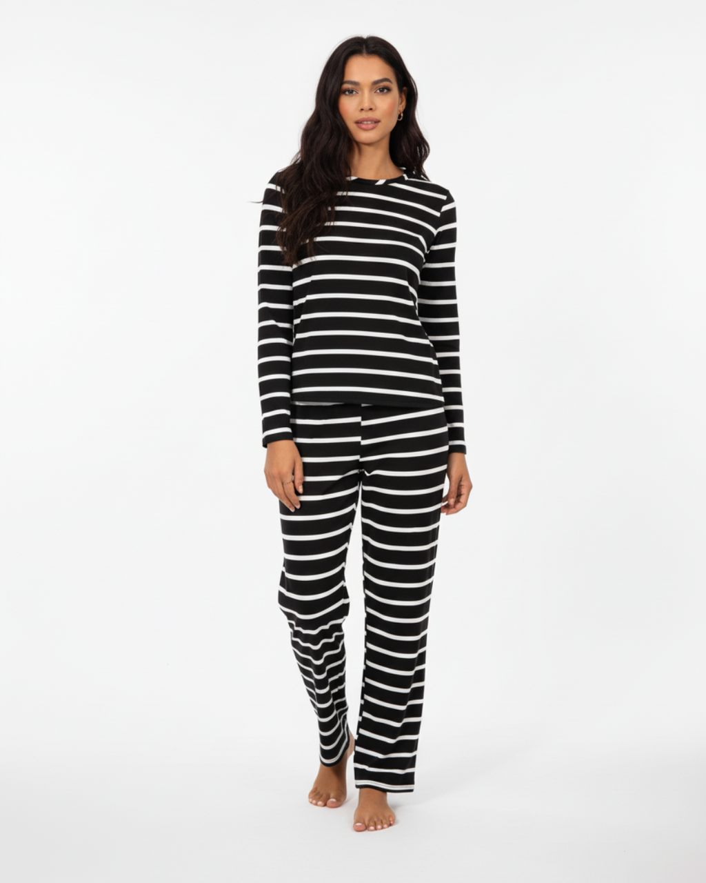 Long Women’s Pajama Set – Striped Cotton Sleepwear Top & Pants Loungewear