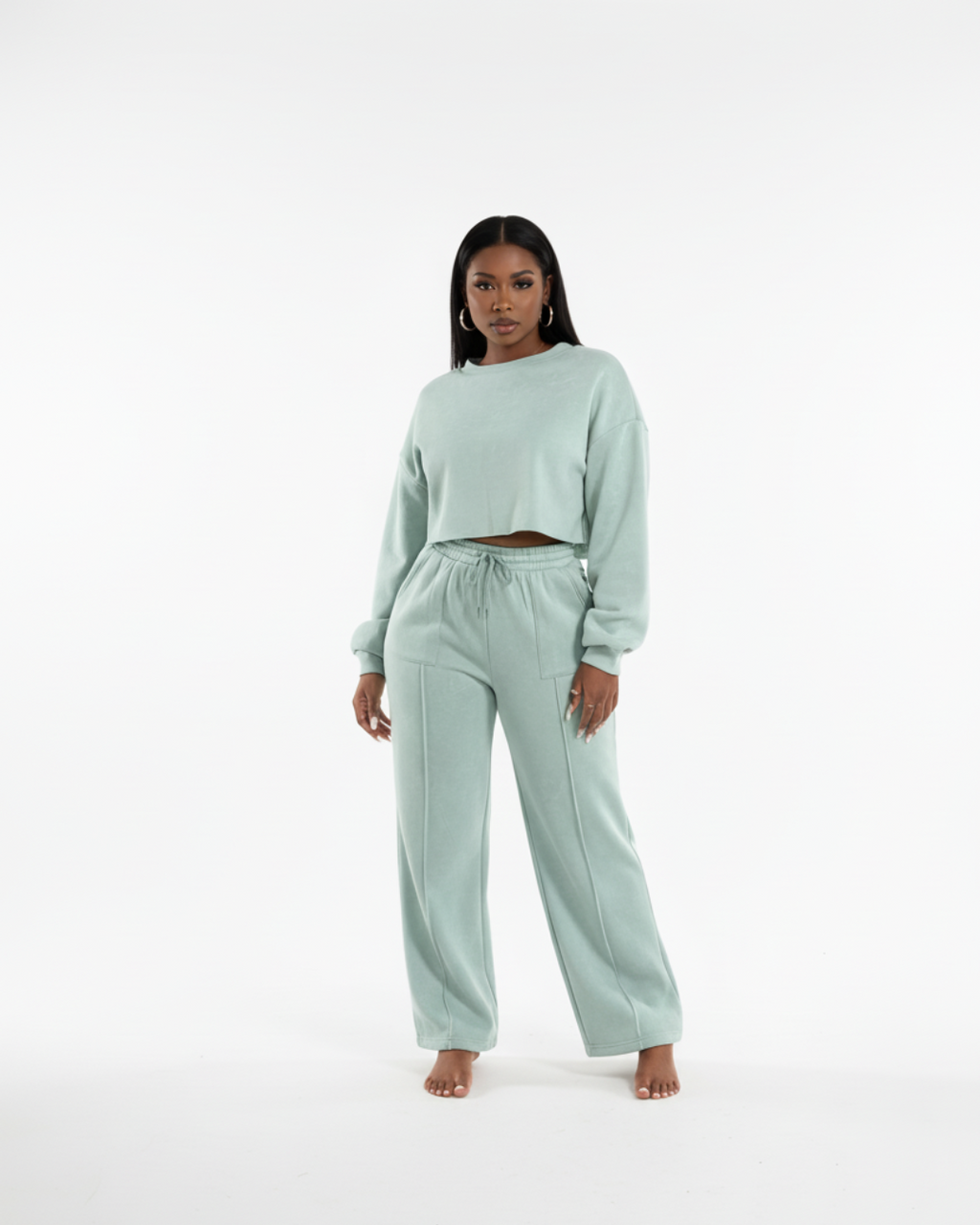 Women’s Mint Green Soft Tracksuit – Two Piece Jogger Set with Cropped Sweatshirt