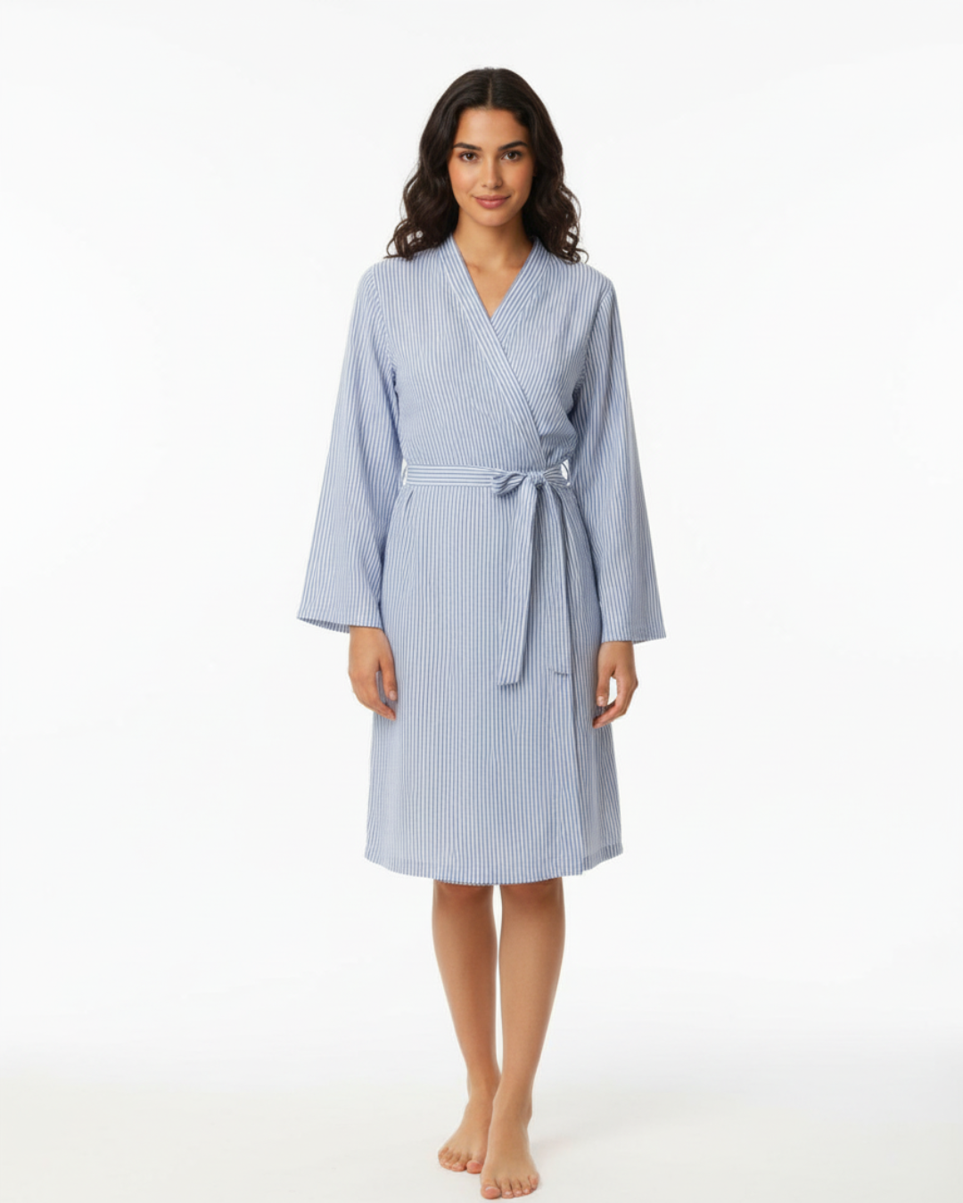 Women’s Blue and White Striped Kimono Robe – Lightweight Cotton Bathrobe