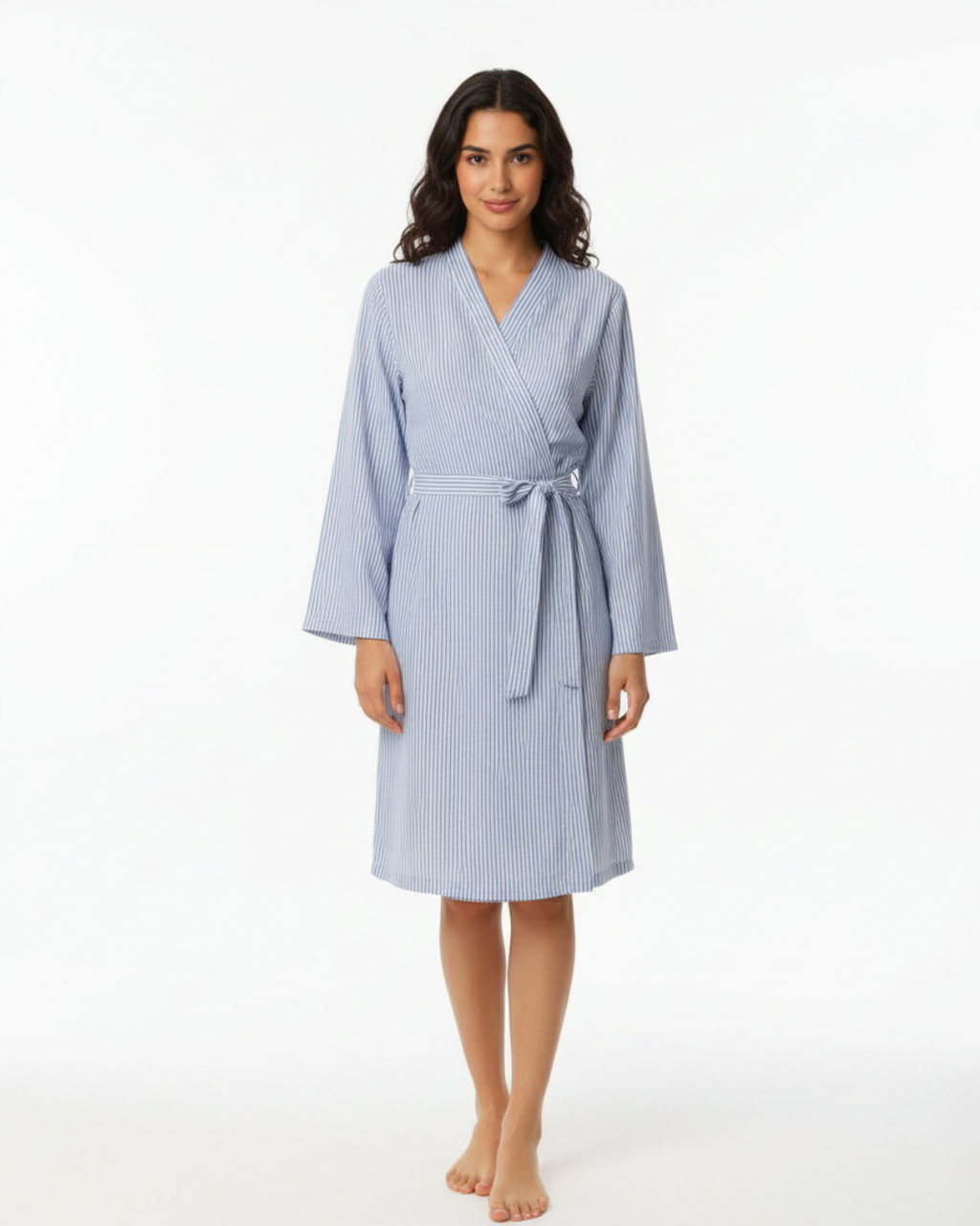 Women’s Blue and White Striped Kimono Robe – Lightweight Cotton Bathrobe