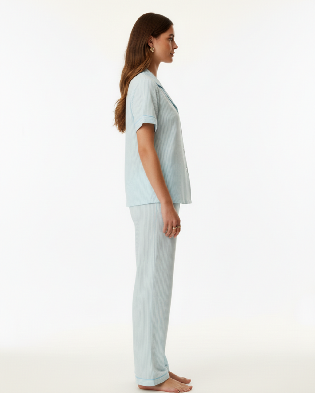 Women’s Light Blue Striped Pajama Set – Short Sleeve Button-Up Top and Long Pants