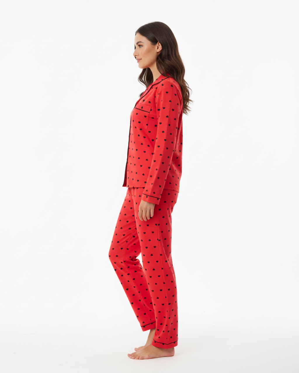 Women’s Red Heart Print Pajama Set – Long Sleeve Button Down Top and Pants