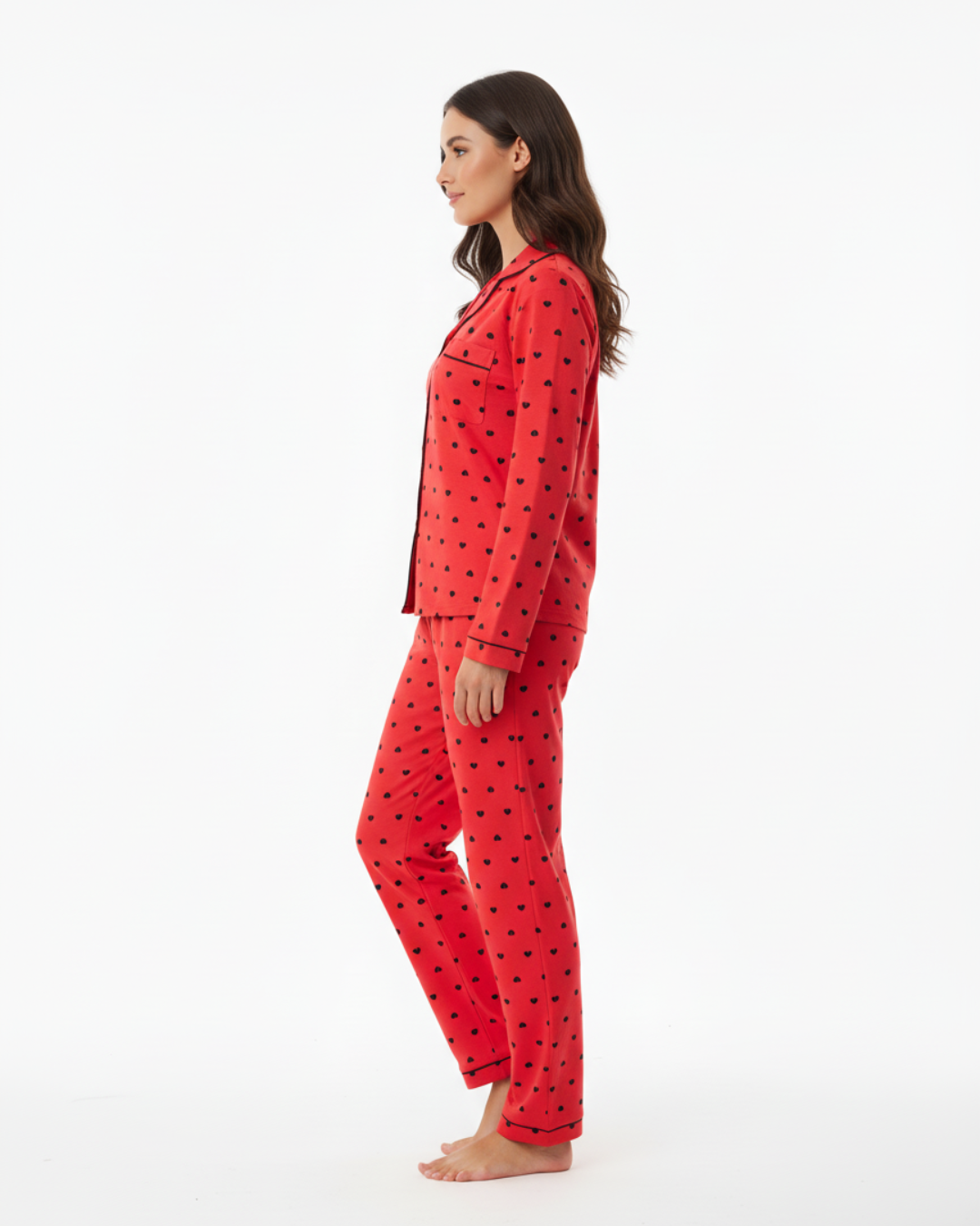 Women’s Red Heart Print Pajama Set – Long Sleeve Button Down Top and Pants