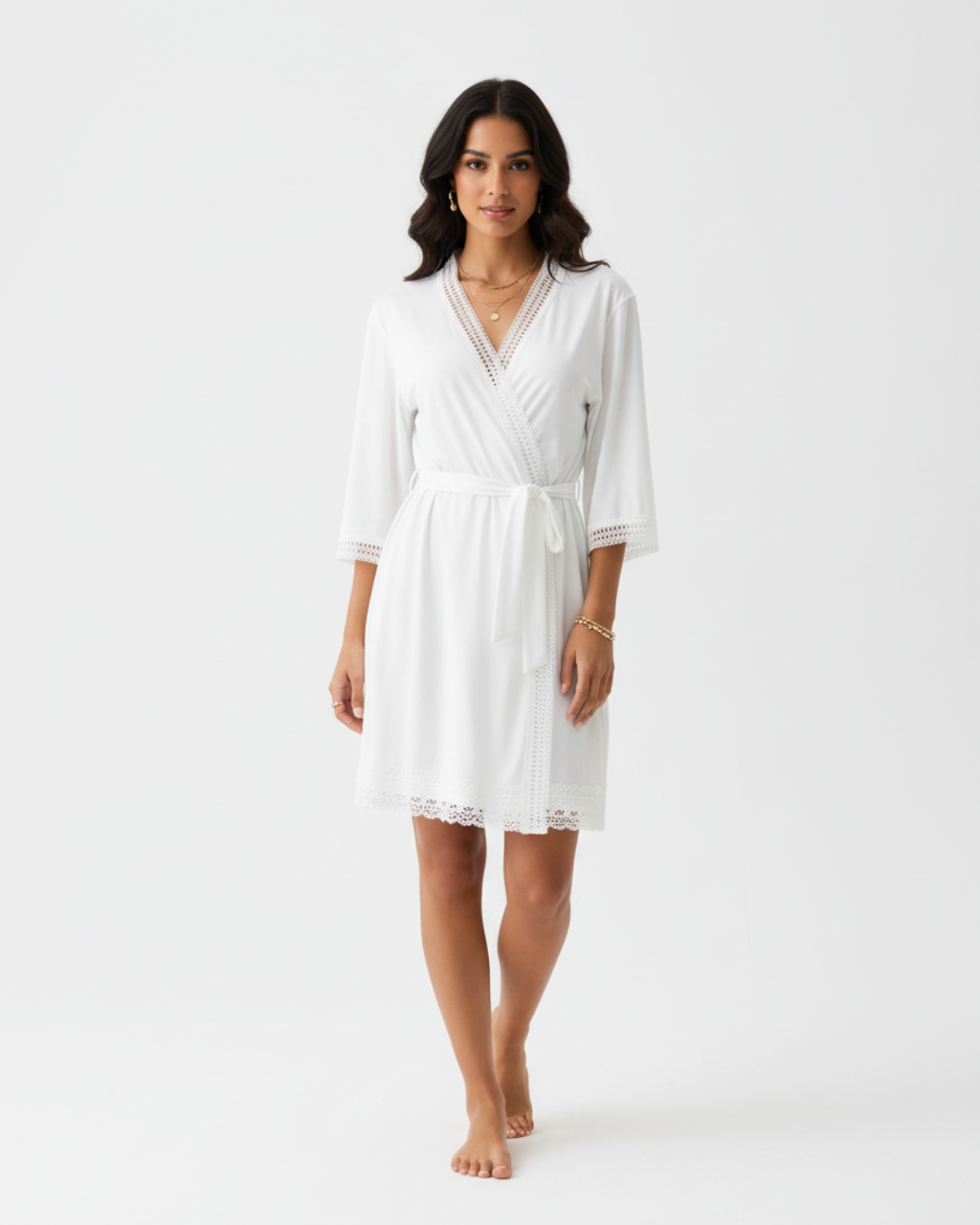 Women’s White Kimono Robe – Short Lace Trim Bathrobe with Belt, Lightweight Bridal & Lounge Wear