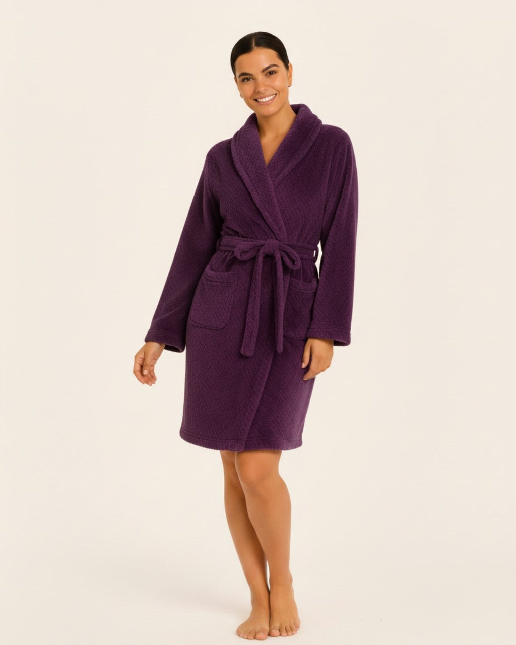 Women's Fleece Bathrobe with Belt - Midi-length robe with adjustable belt