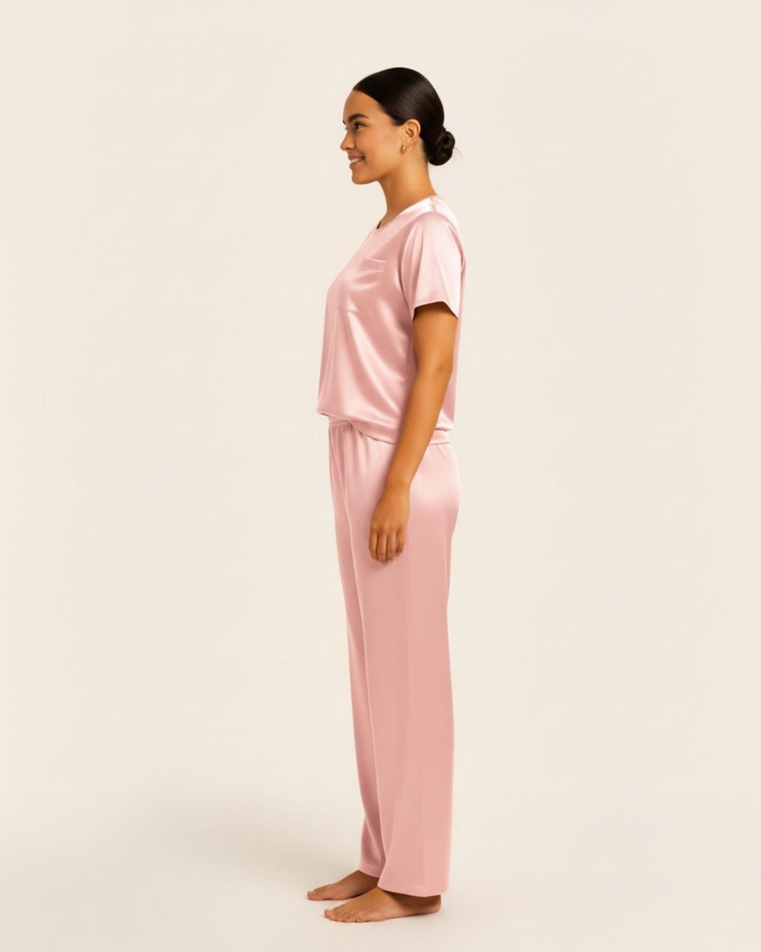 Women’s Satin Pajama Set – Short Sleeve Top and Long Pants Silky PJ Set