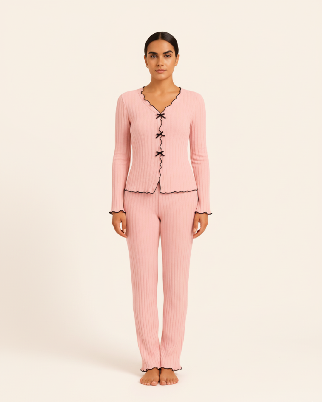 Women’s Cotton Pajama Set – Long Sleeve Top and Full Length Pants with Trim