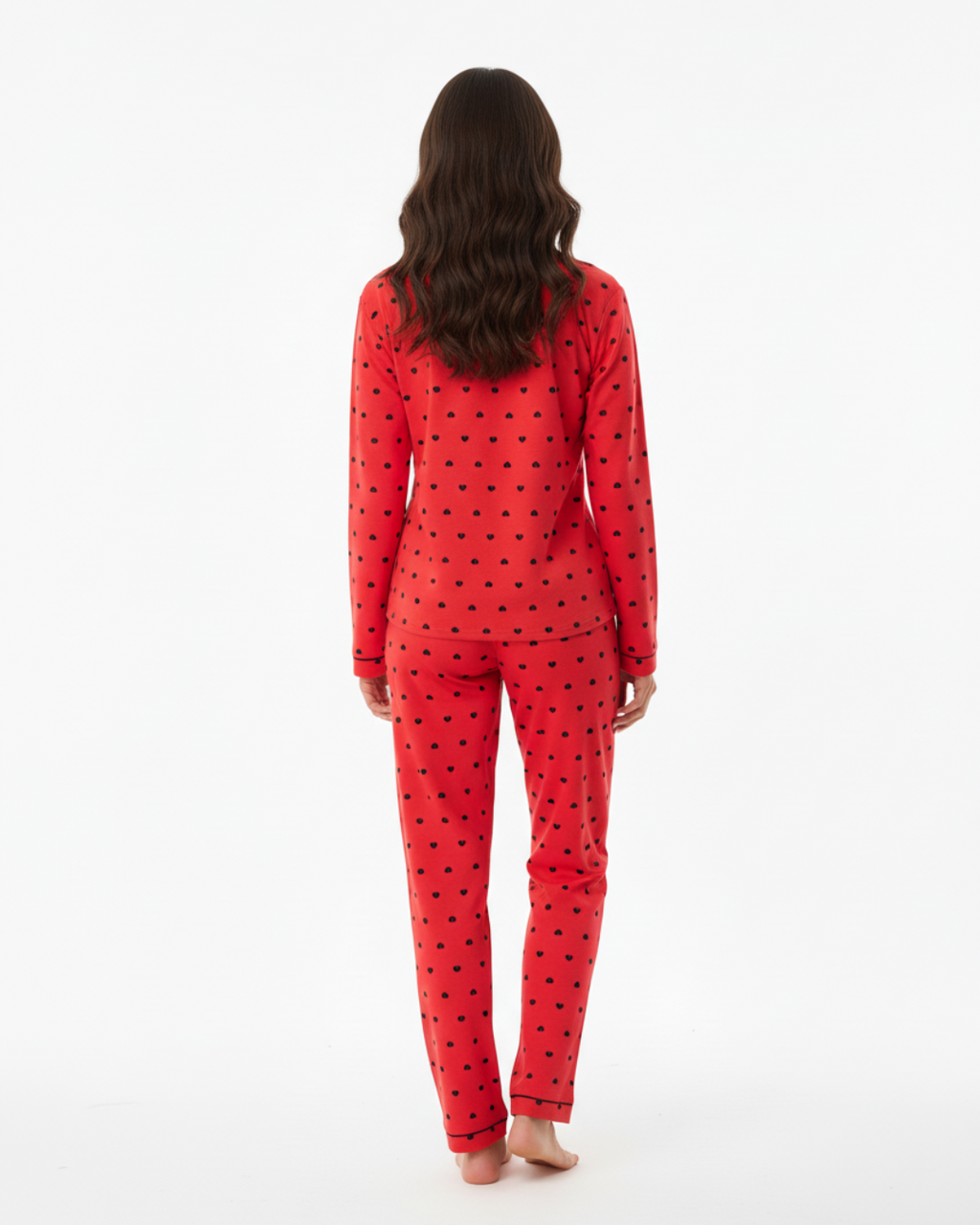 Women’s Red Heart Print Pajama Set – Long Sleeve Button Down Top and Pants