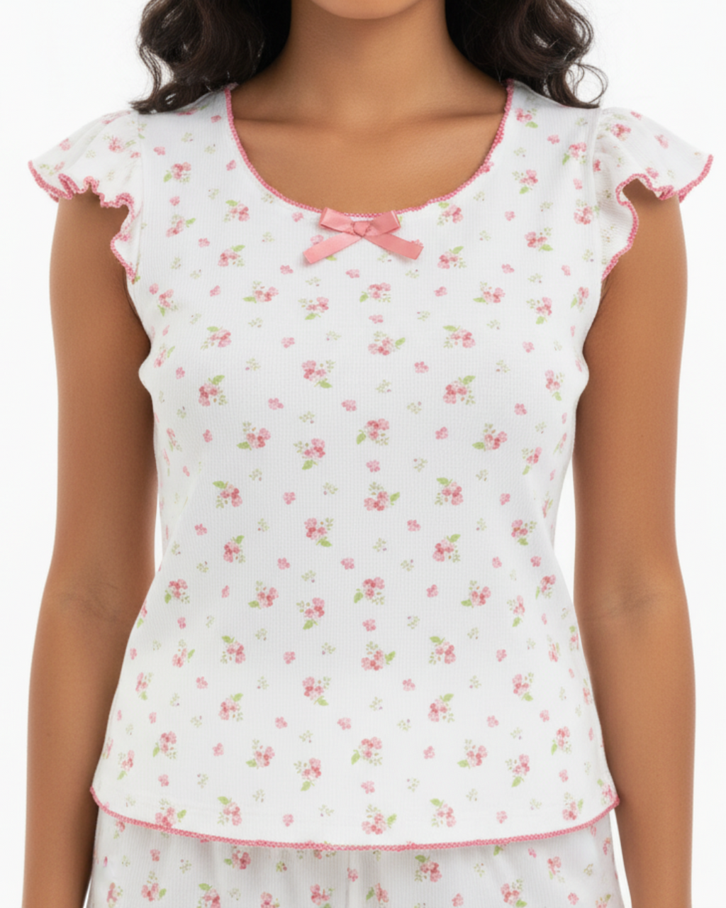 Women’s Floral Short Pajama Set – Cute Summer Sleepwear with Ruffle Trim & Bow Detail