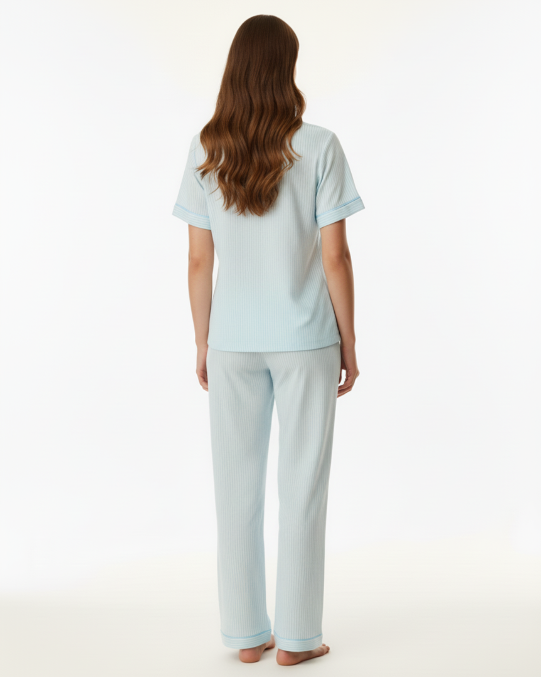Women’s Light Blue Striped Pajama Set – Short Sleeve Button-Up Top and Long Pants
