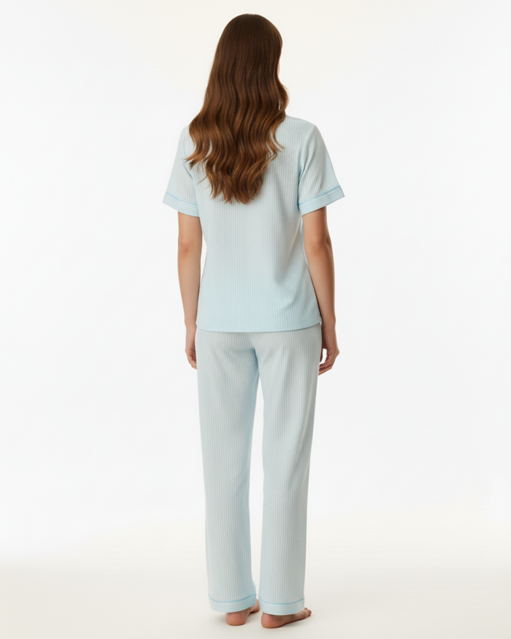 Women’s Light Blue Striped Pajama Set – Short Sleeve Button-Up Top and Long Pants