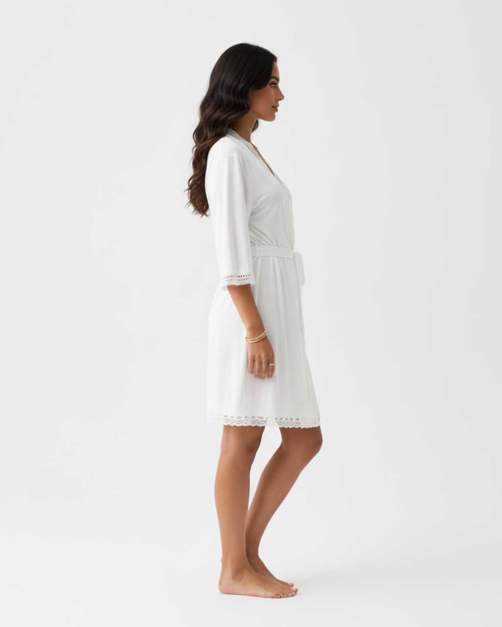 Women’s White Kimono Robe – Short Lace Trim Bathrobe with Belt, Lightweight Bridal & Lounge Wear