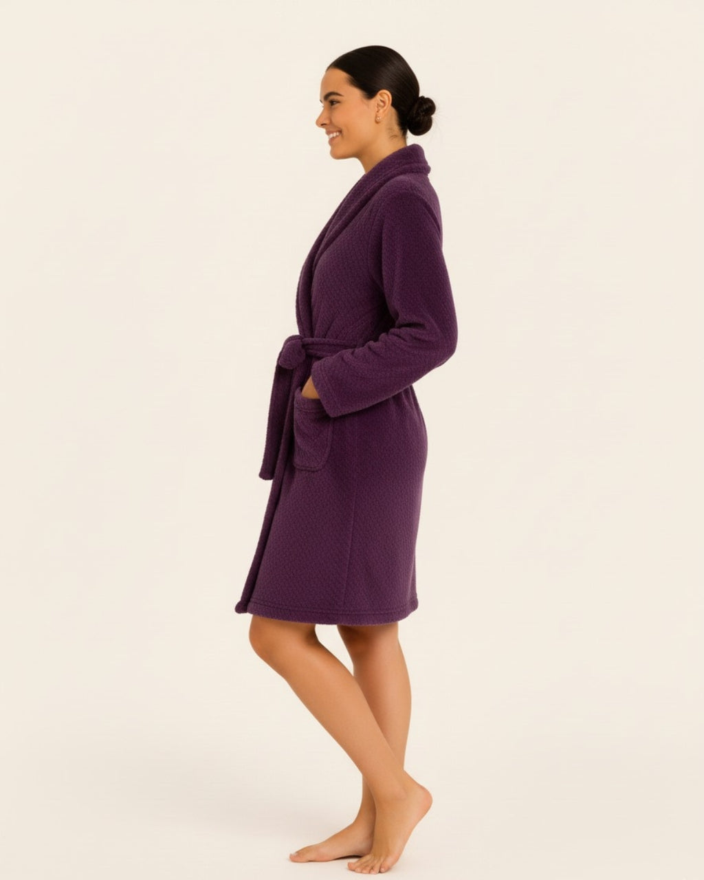 Women's Fleece Bathrobe with Belt - Midi-length robe with adjustable belt