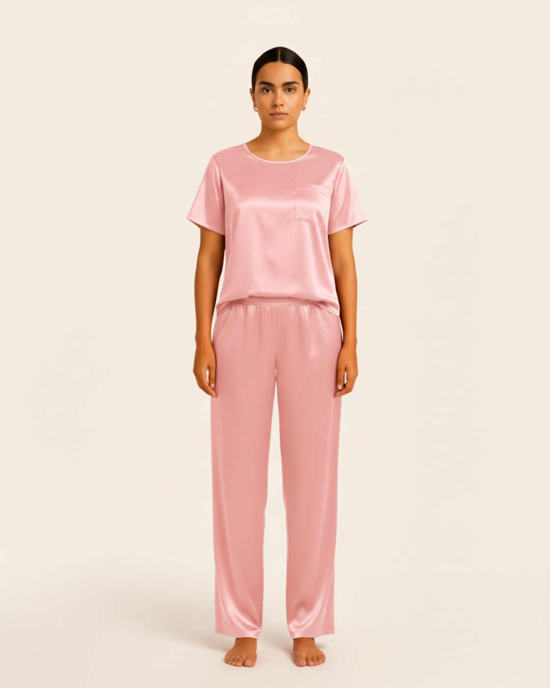 Women’s Satin Pajama Set – Short Sleeve Top and Long Pants Silky PJ Set