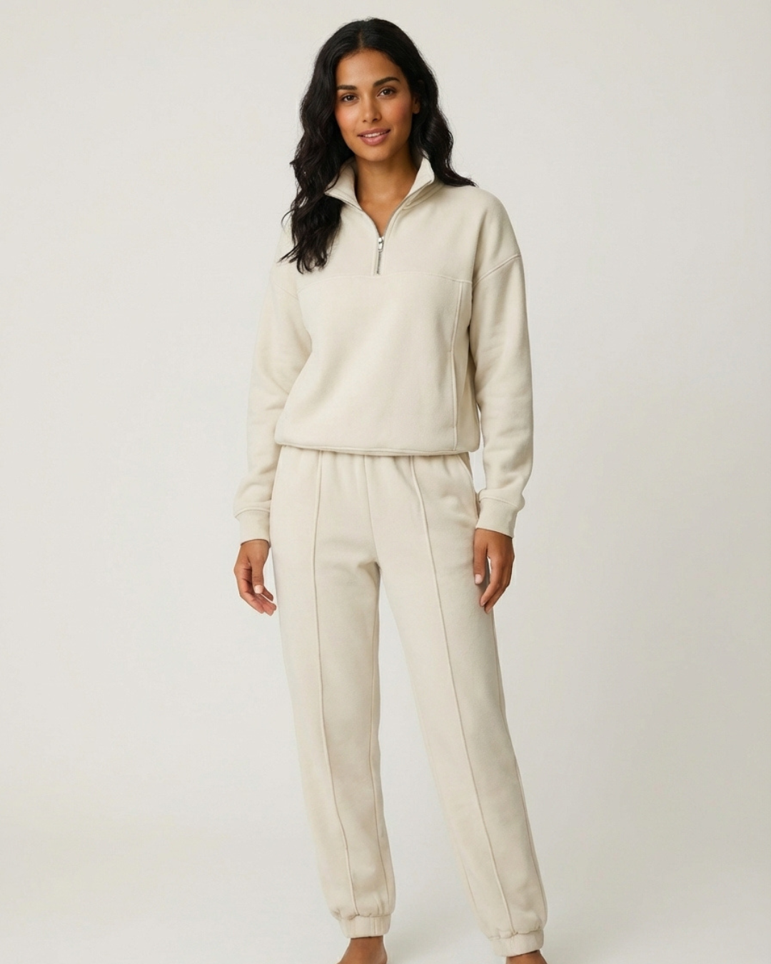 Women’s White Two-Piece Lounge Set – Relaxed Fit Half-Zip Sweater and Comfortable Pants