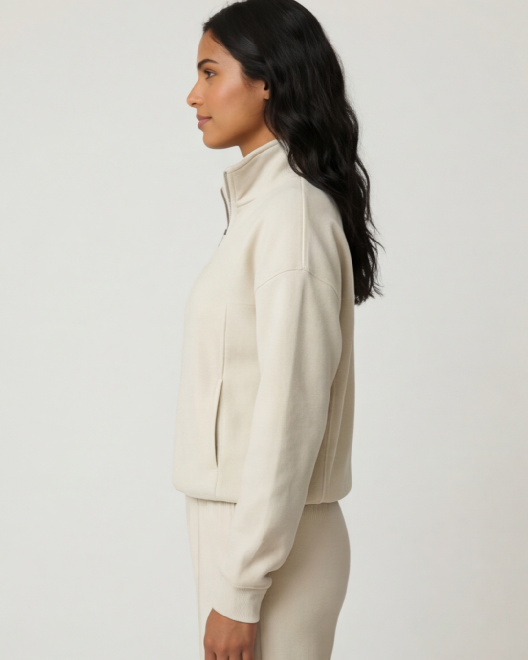 Women’s White Two-Piece Lounge Set – Relaxed Fit Half-Zip Sweater and Comfortable Pants