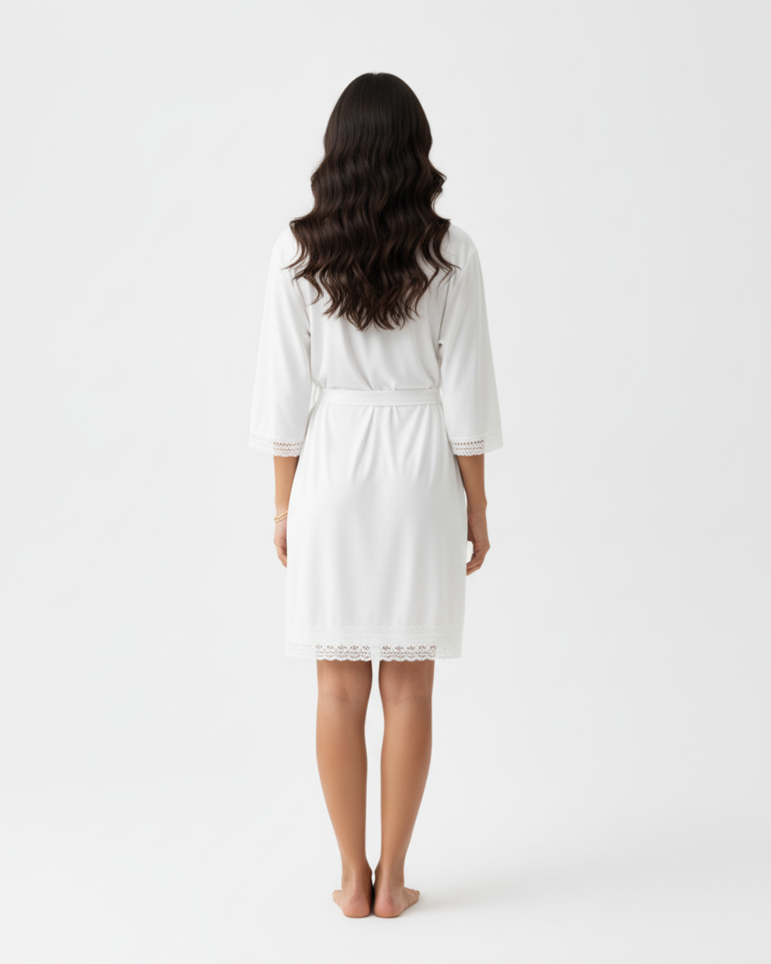 Women’s White Kimono Robe – Short Lace Trim Bathrobe with Belt, Lightweight Bridal & Lounge Wear