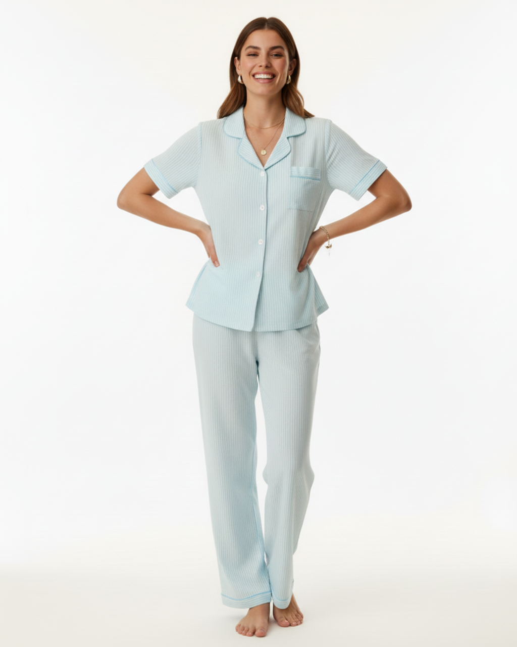 Women’s Light Blue Striped Pajama Set – Short Sleeve Button-Up Top and Long Pants