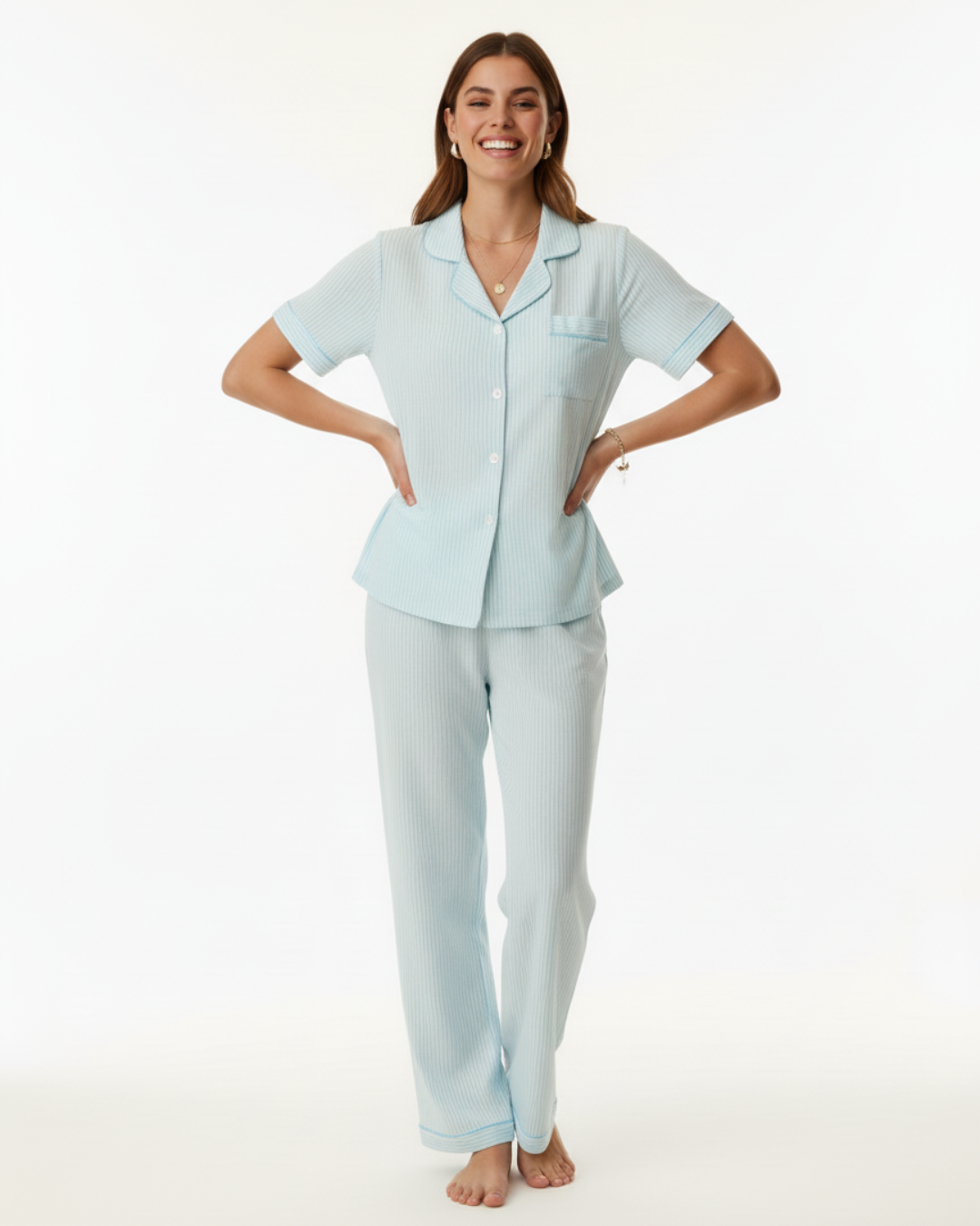 Women’s Light Blue Striped Pajama Set – Short Sleeve Button-Up Top and Long Pants
