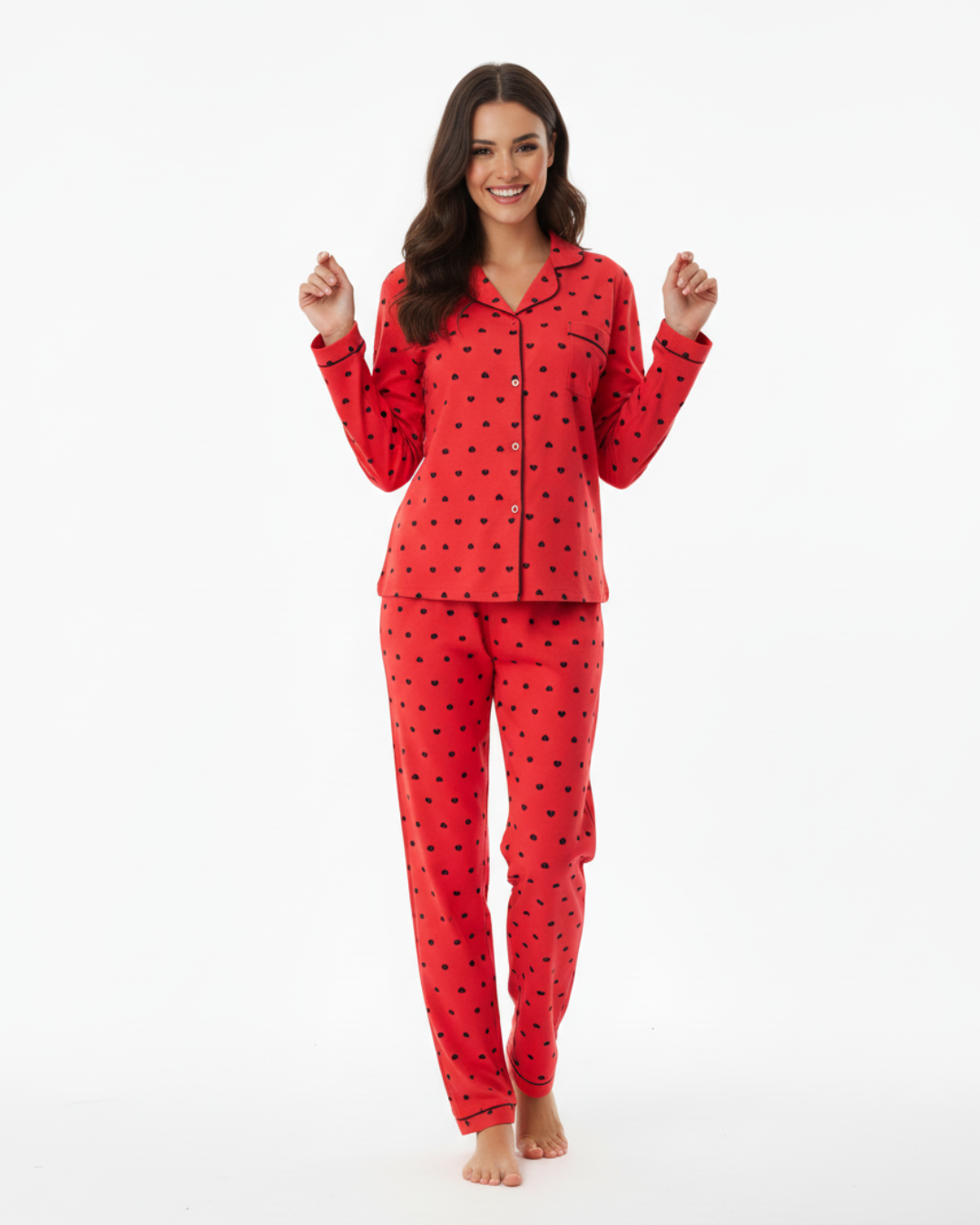 Women’s Red Heart Print Pajama Set – Long Sleeve Button Down Top and Pants